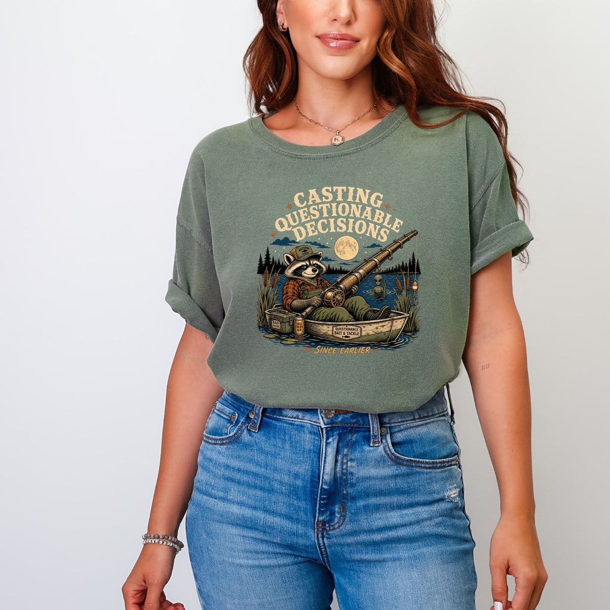Raccoon fishing in a boat with text "Casting Questionable Decisions Since Earlier."