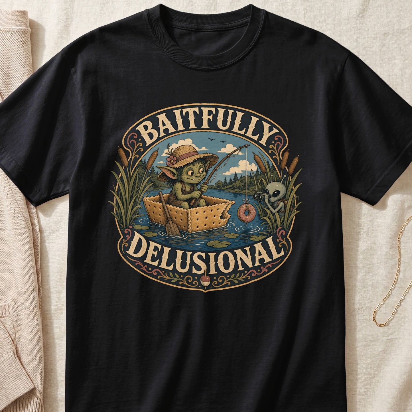 Goblin fishing from a cracker boat with an alien observing, text reads "BAITFULLY DELUSIONAL".