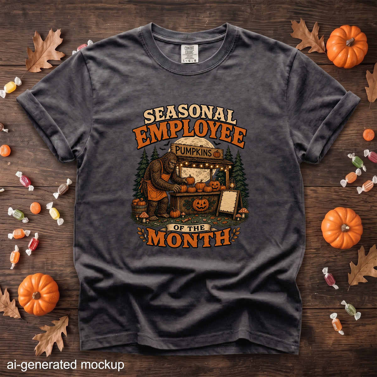 Dark t-shirt with Bigfoot selling pumpkins; text reads "Seasonal Employee of the Month."