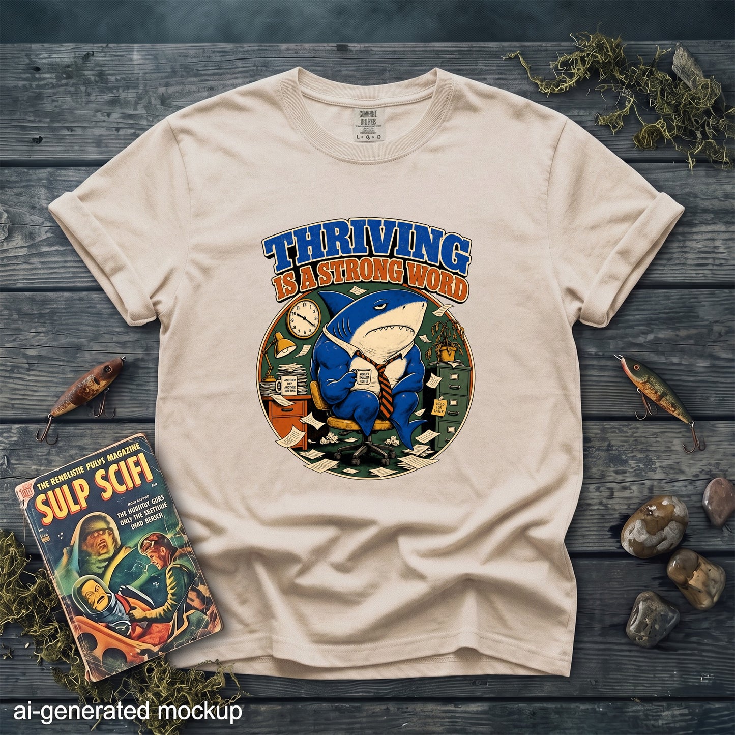 T-shirt with a shark in a suit holding coffee and the text "Thriving is a strong word."