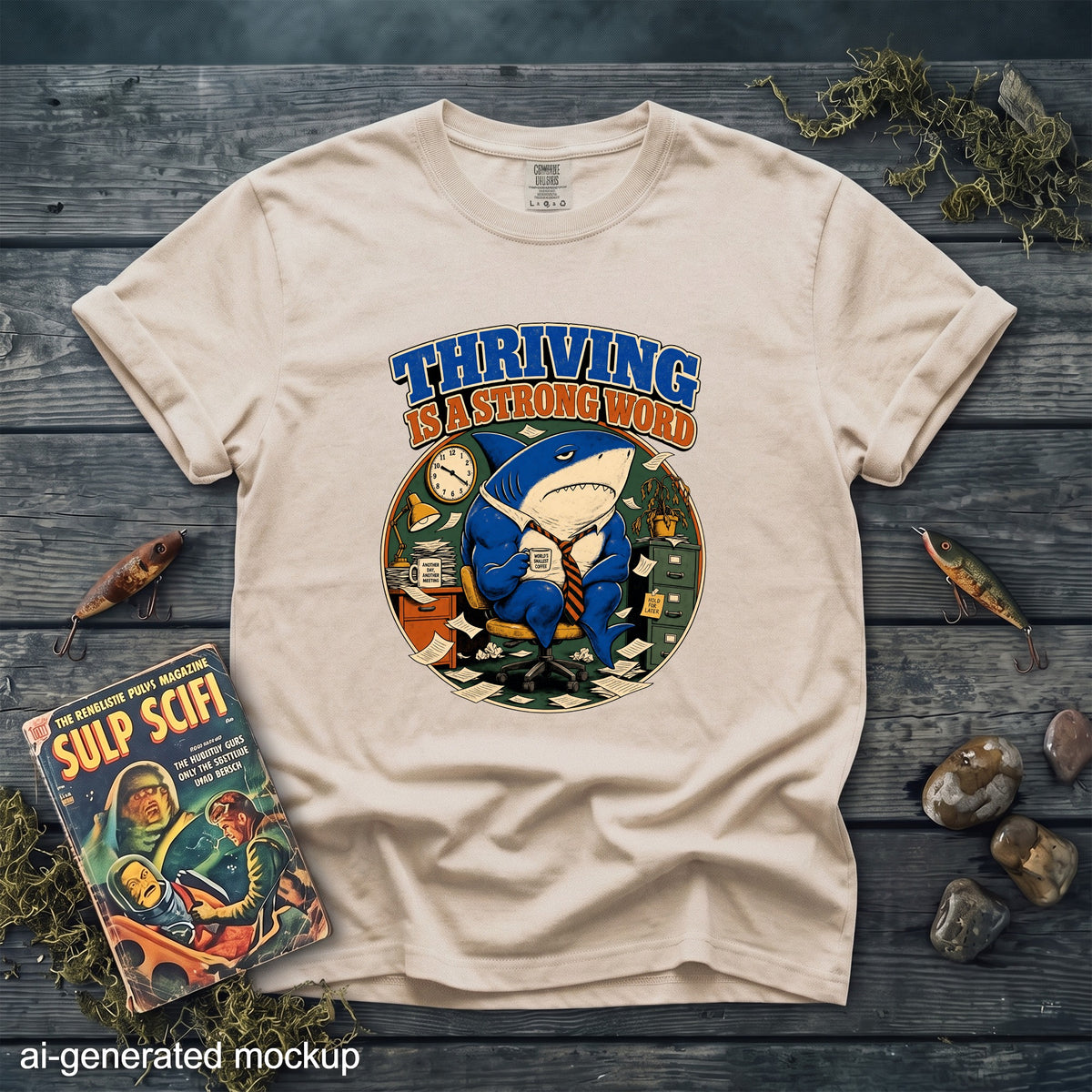 T-shirt with a shark in a suit holding coffee and the text "Thriving is a strong word."