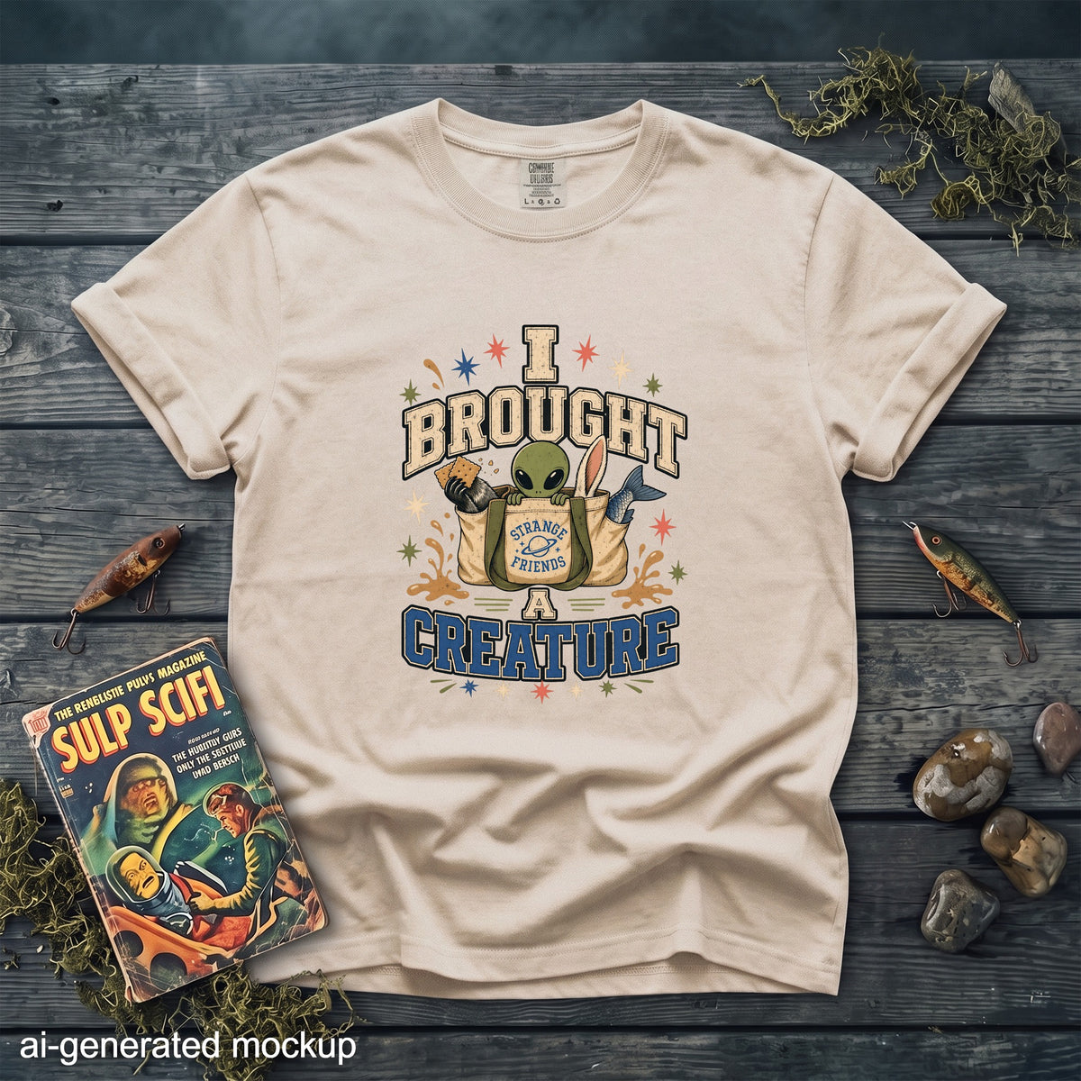 T-shirt with alien and "I Brought Strange Friends A Creature" graphic.
