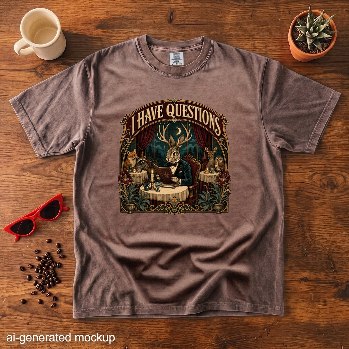 T-shirt with woodland creatures dining and reading under a moon, text "I HAVE QUESTIONS".