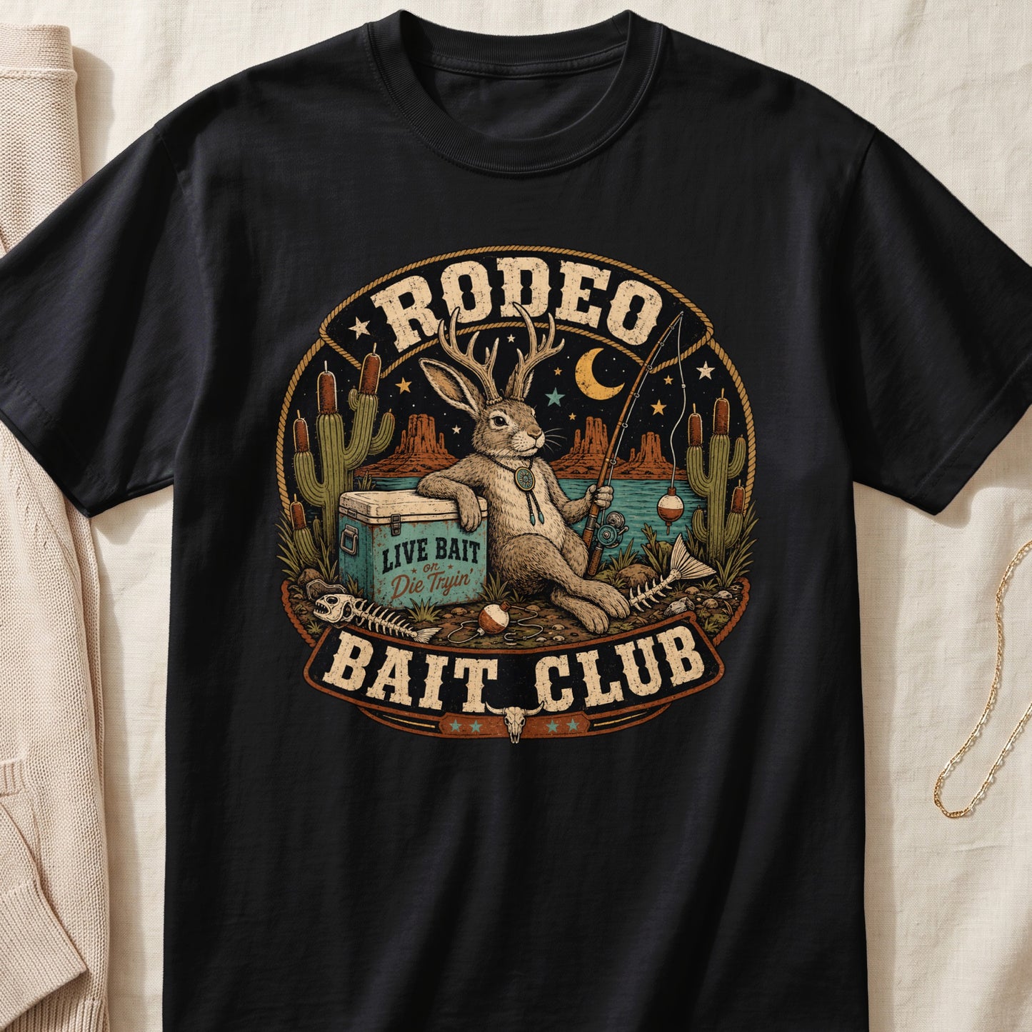 Black t-shirt with a rabbit wearing antlers and fishing, featuring "RODEO BAIT CLUB" text.