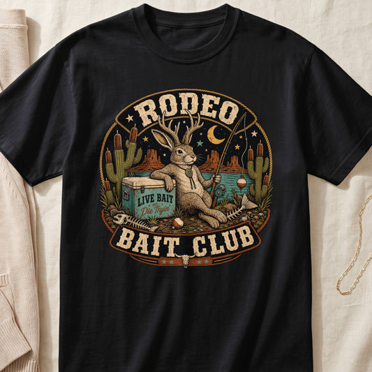 Black t-shirt with a rabbit wearing antlers and fishing, featuring "RODEO BAIT CLUB" text.