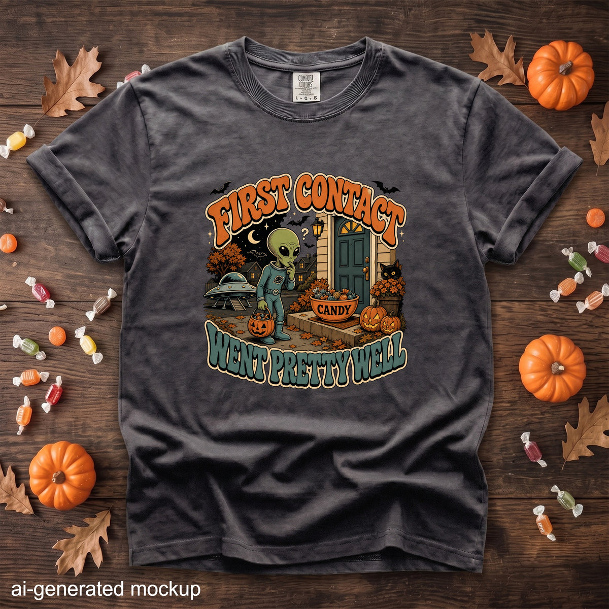 T-shirt graphic: alien, UFO, black cat, pumpkins, and candy, with text "FIRST CONTACT WENT PRETTY WELL".