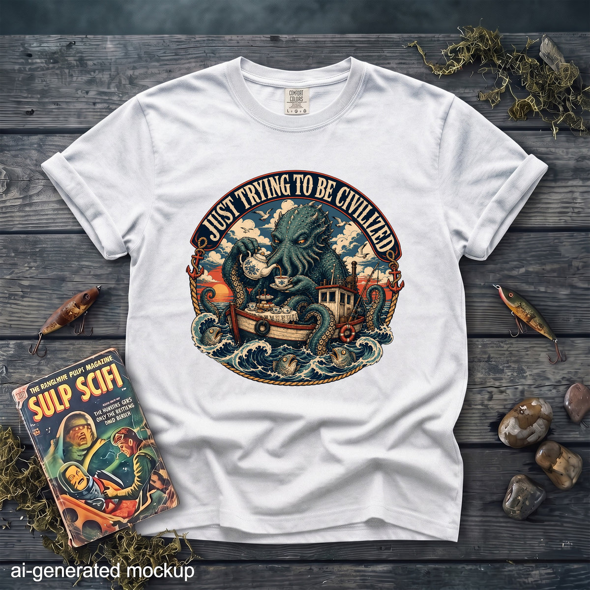 White t-shirt with a graphic of a kraken serving tea on a boat, text reads "Just Trying to Be Civilized."