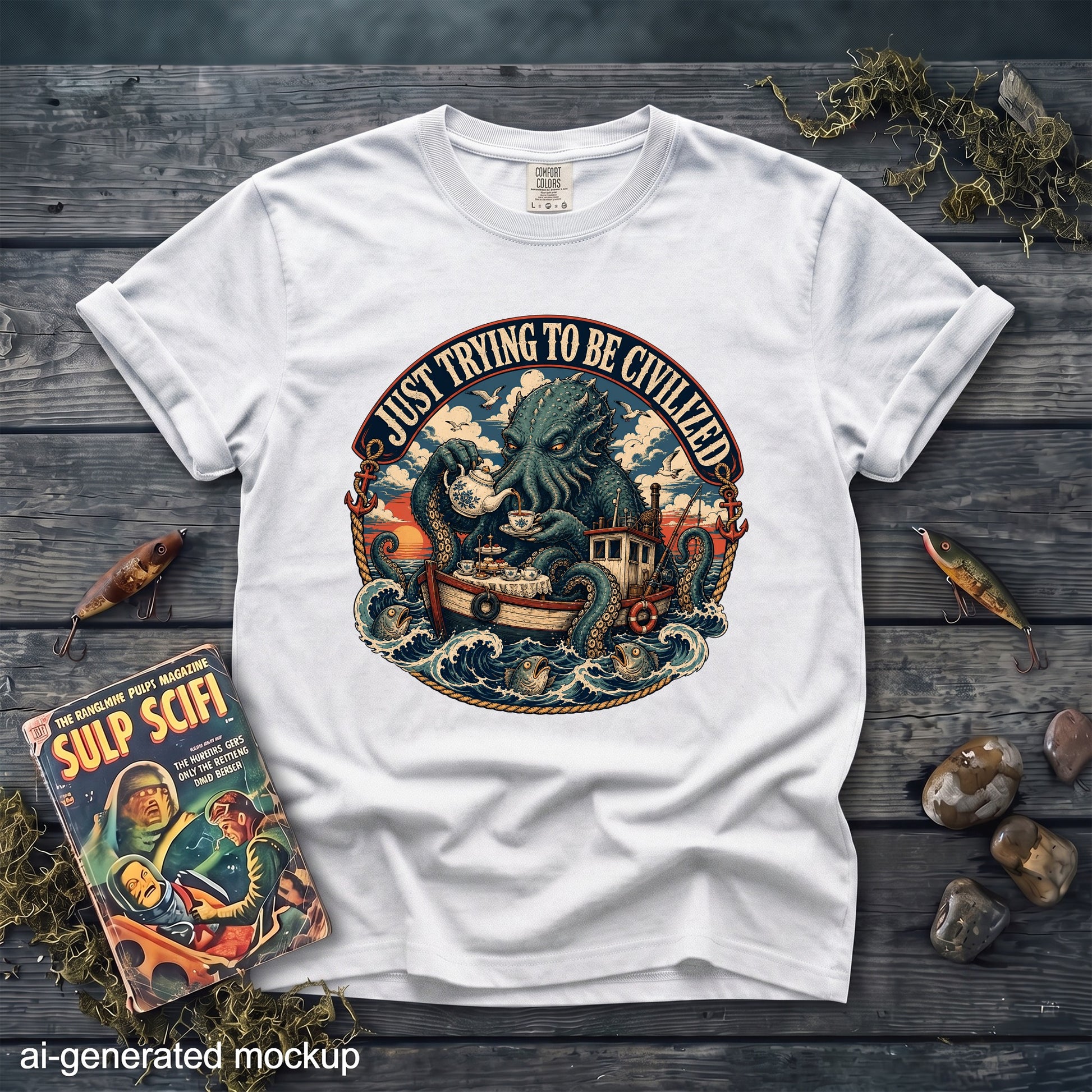 White t-shirt with a graphic of a kraken serving tea on a boat, text reads "Just Trying to Be Civilized."