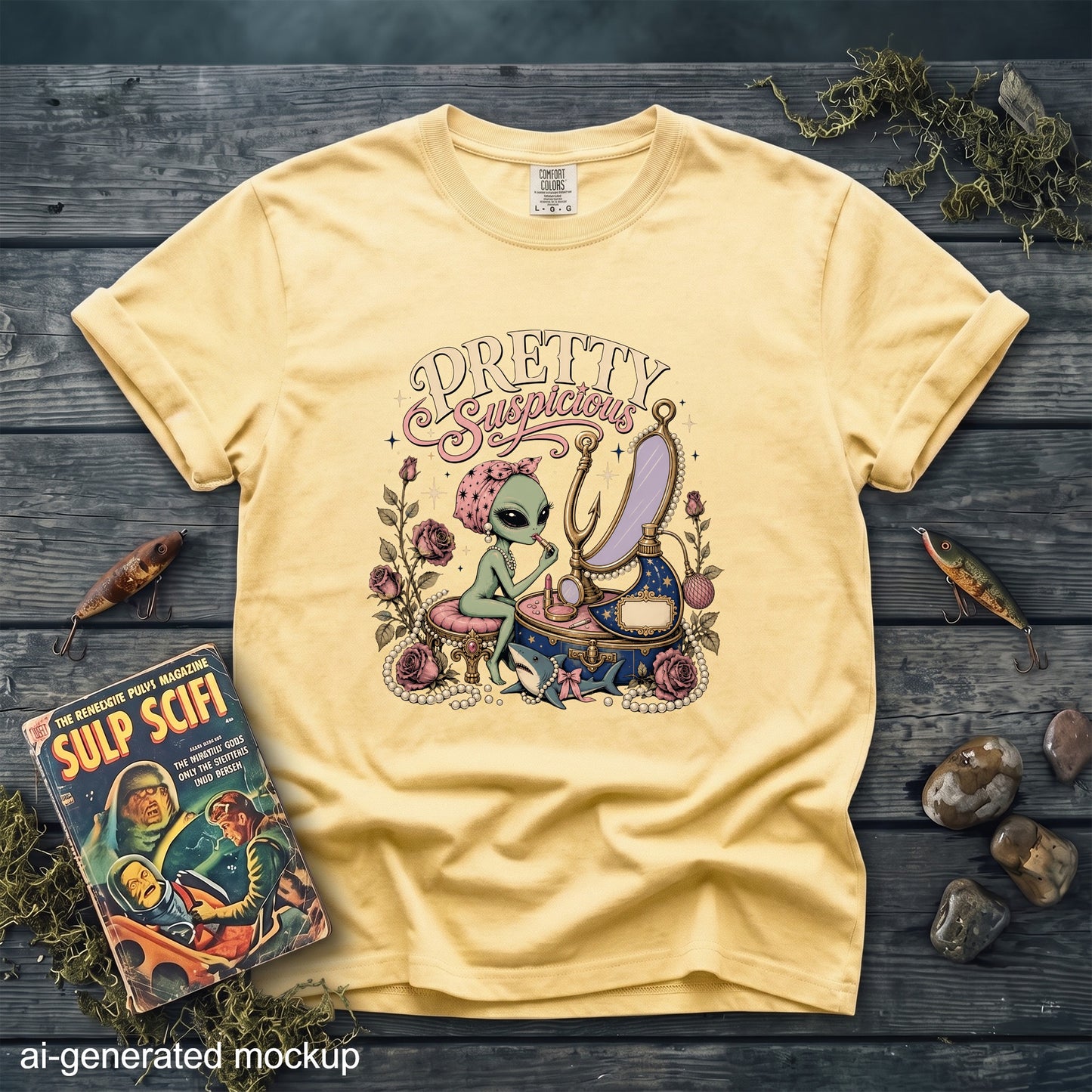 Yellow t-shirt with "Pretty Suspicious" alien and shark graphic.