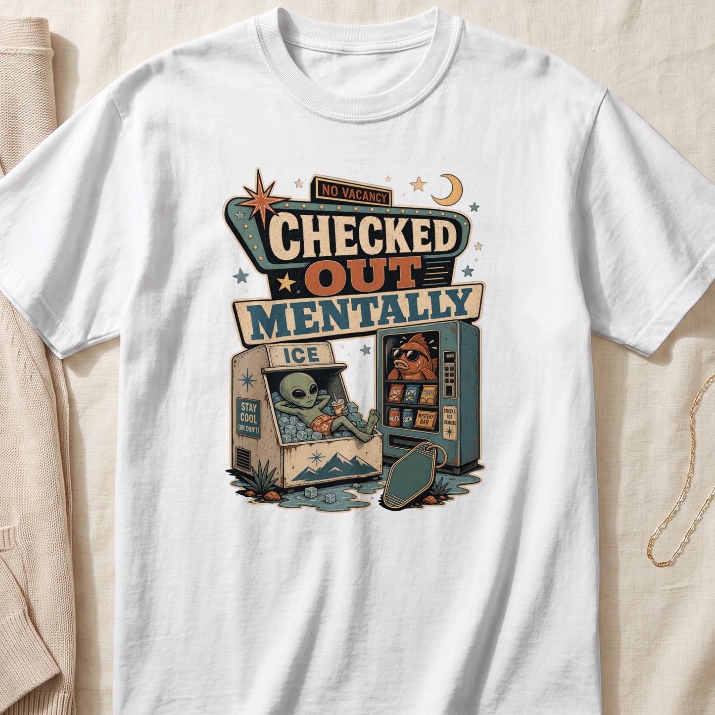 Graphic with text "Checked Out Mentally" featuring an alien and a fish in a retro scene.