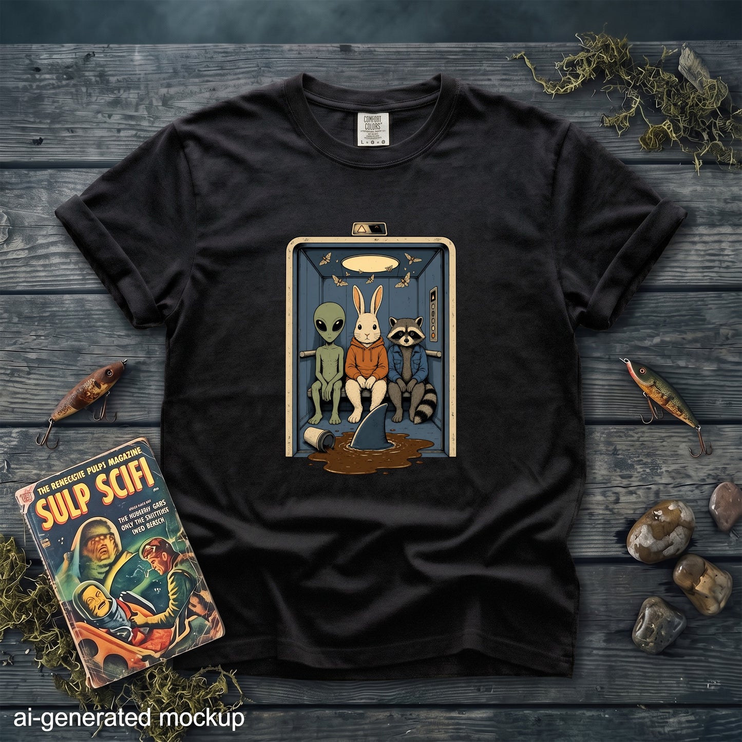 A black t-shirt features a cartoon graphic of an alien, a rabbit, and a raccoon riding in an elevator.