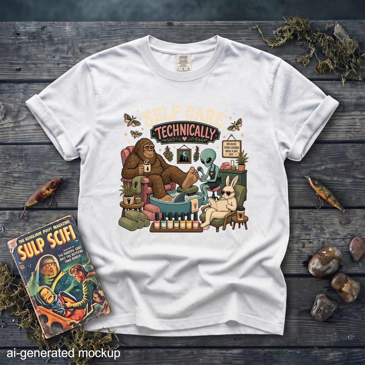 White t-shirt with "Self Care Technically" graphic featuring Bigfoot, alien, and bunny.