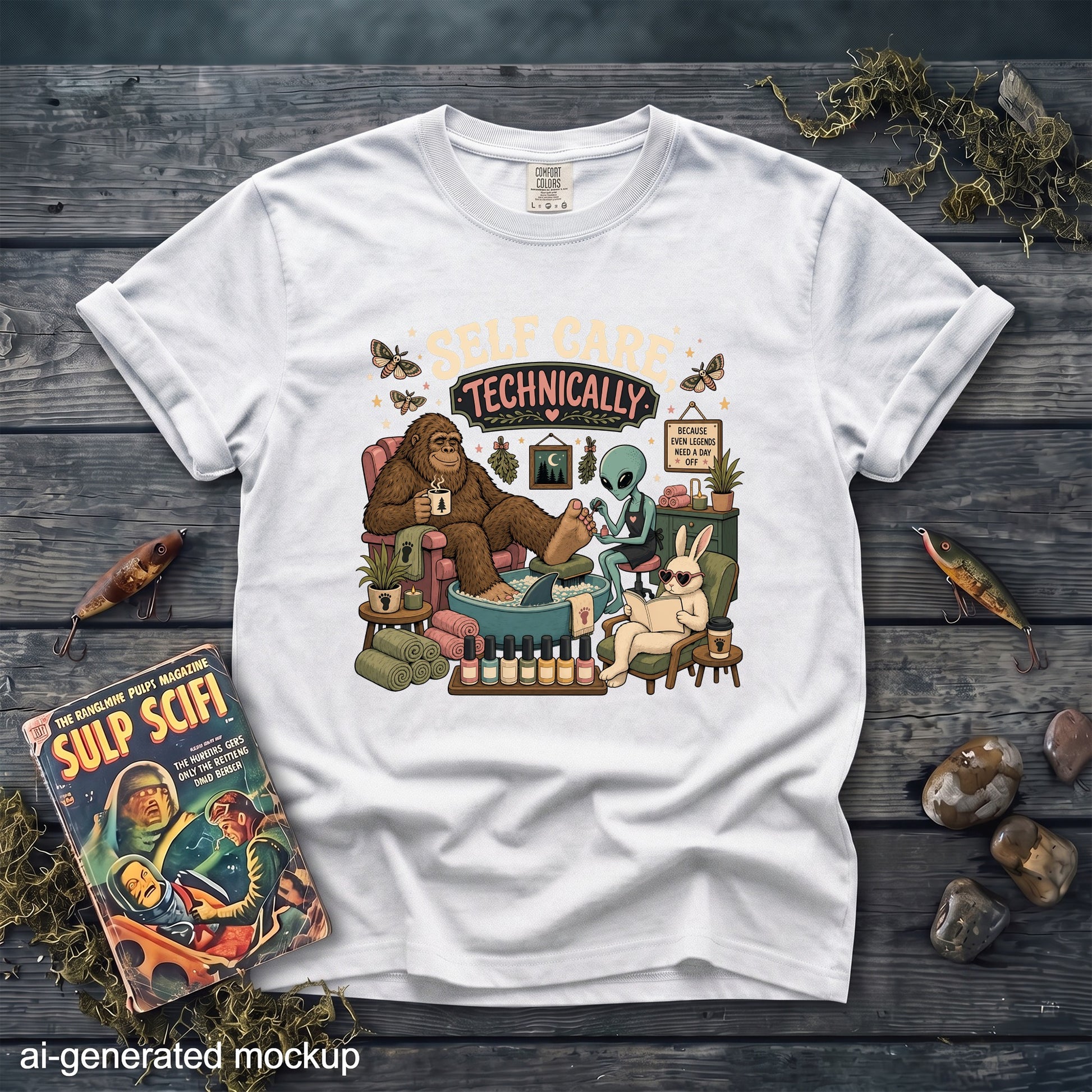 White t-shirt with "Self Care Technically" graphic featuring Bigfoot, alien, and bunny.
