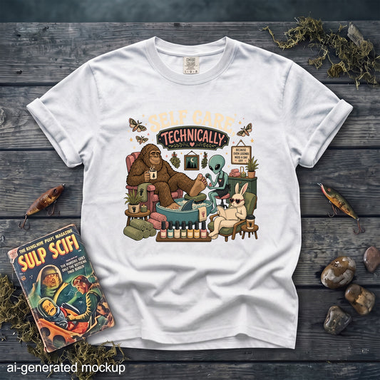 White t-shirt with "Self Care Technically" graphic featuring Bigfoot, alien, and bunny.