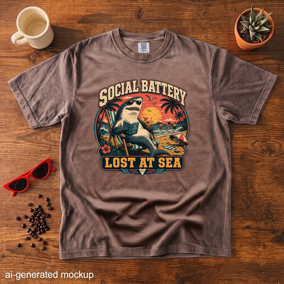 Brown t-shirt with "SOCIAL BATTERY LOST AT SEA" graphic of shark on beach.