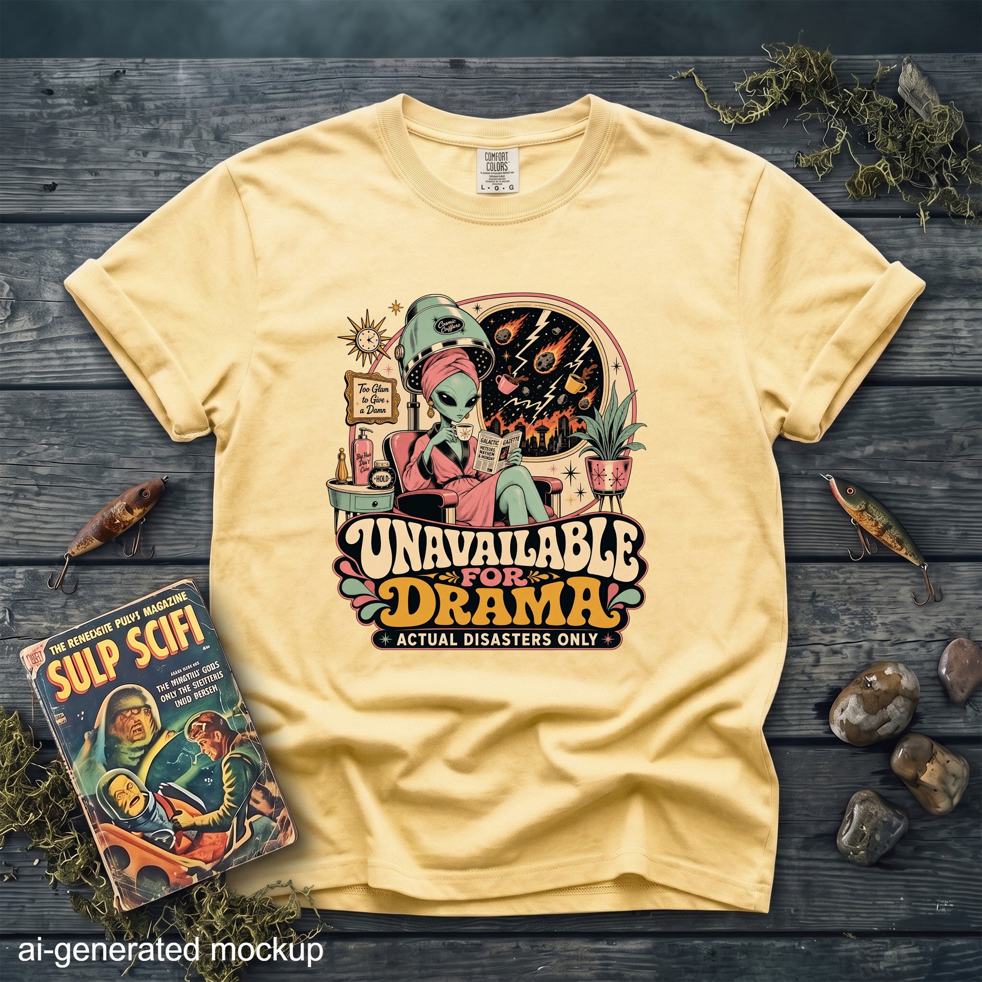 Yellow t-shirt with alien reading a newspaper, "Unavailable for Drama" text.