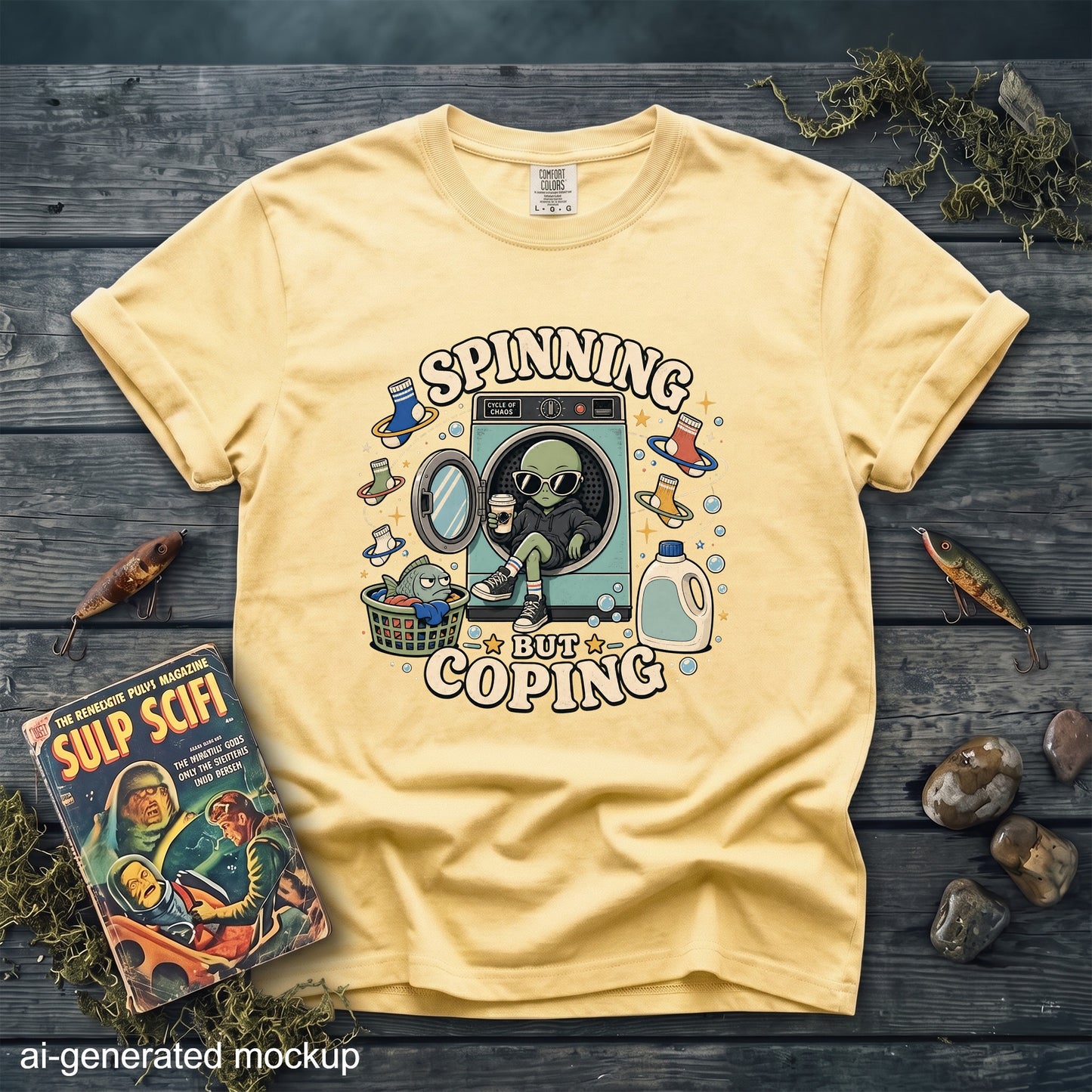 T-shirt with graphic of alien in washing machine saying "Spinning But Coping".