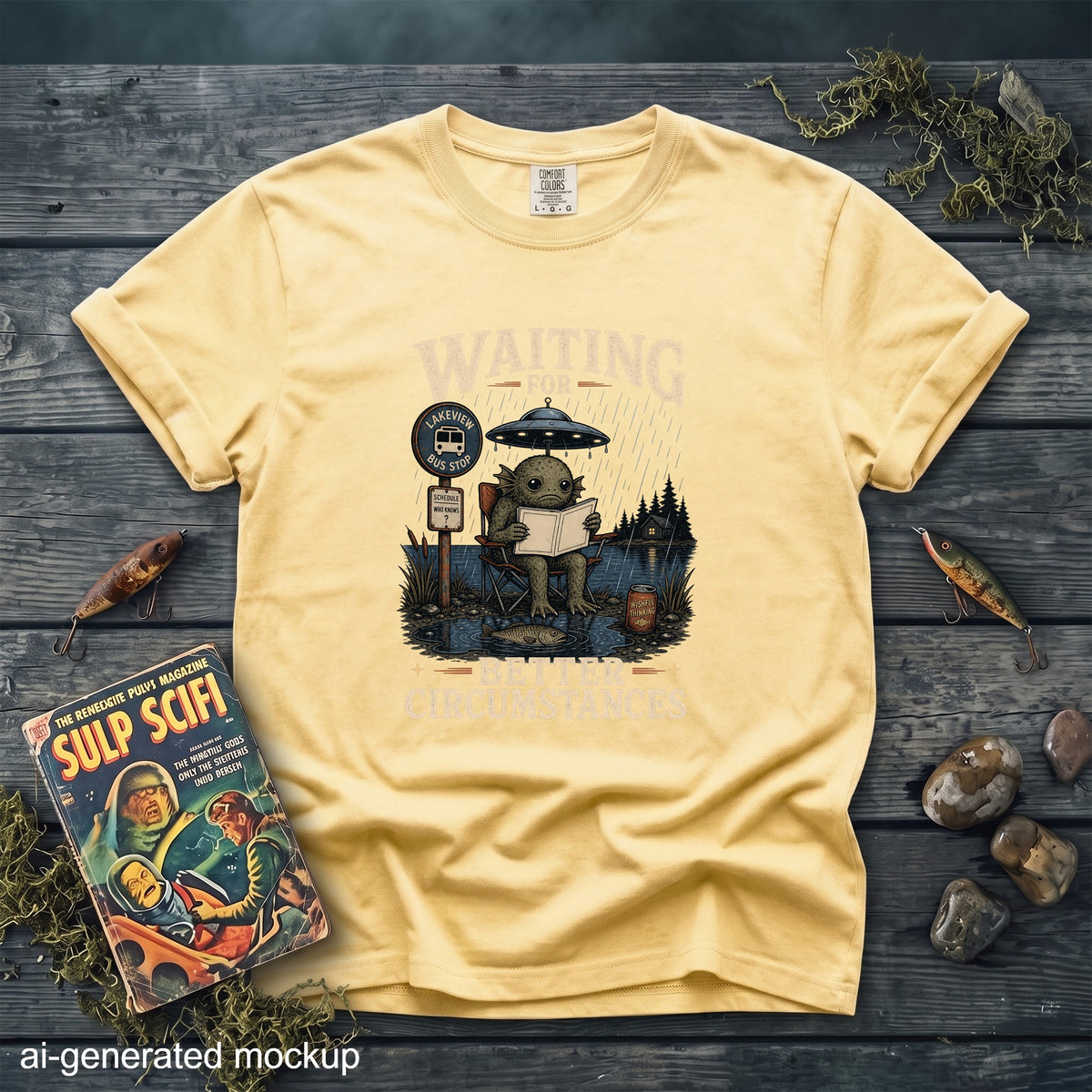 Yellow t-shirt with graphic of creature waiting at bus stop under UFO and text "Waiting for Better Circumstances".