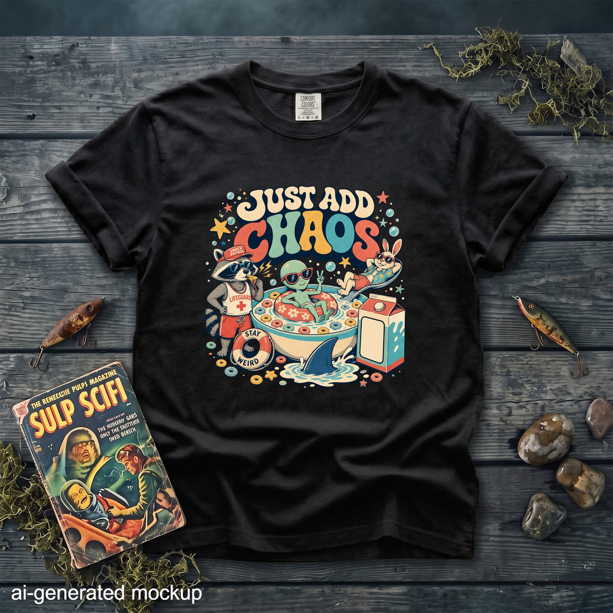 Black t-shirt featuring a colorful retro graphic of cartoon characters swimming with text reading Just Add Chaos.