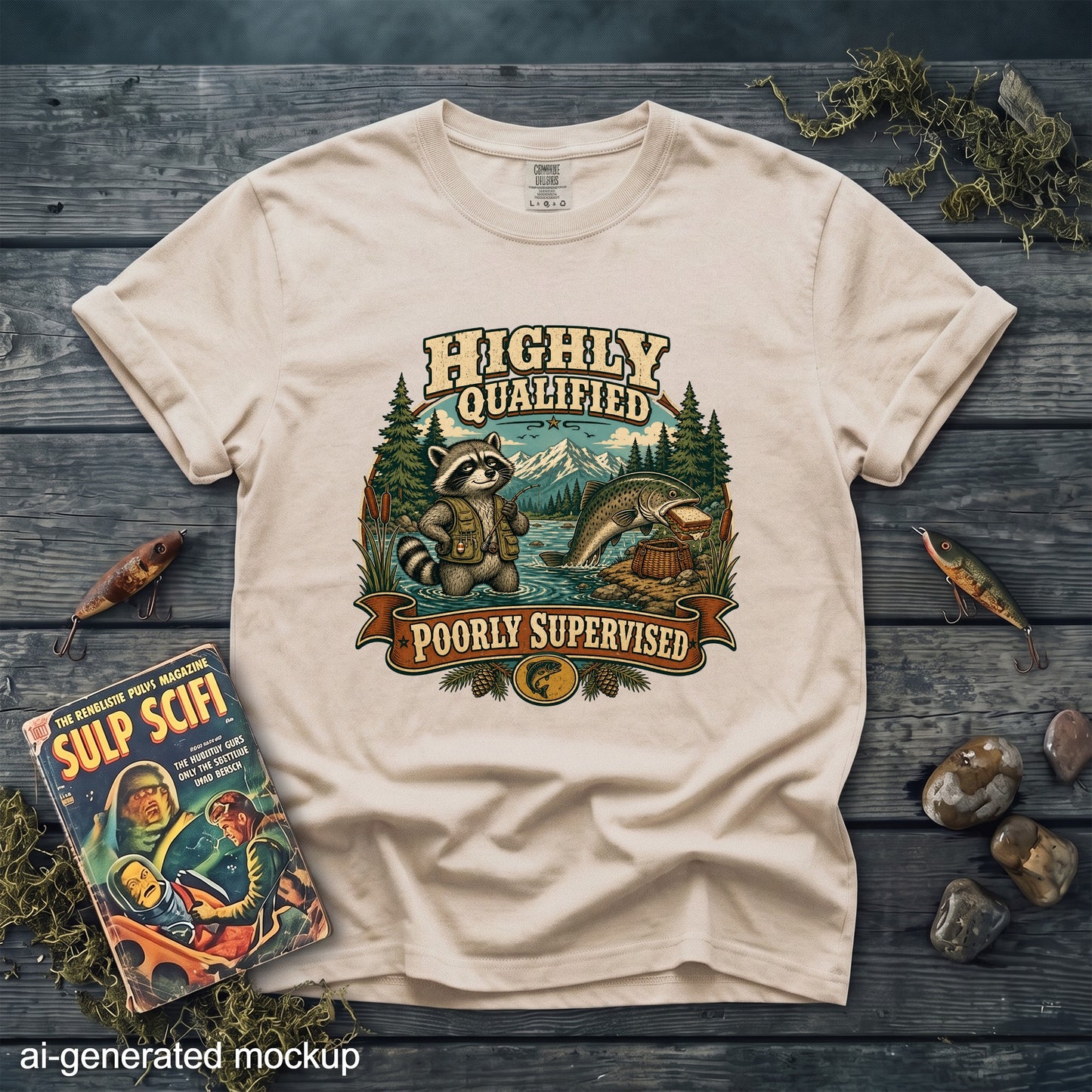 T-shirt graphic with raccoon, fish, and text "Highly Qualified Poorly Supervised."