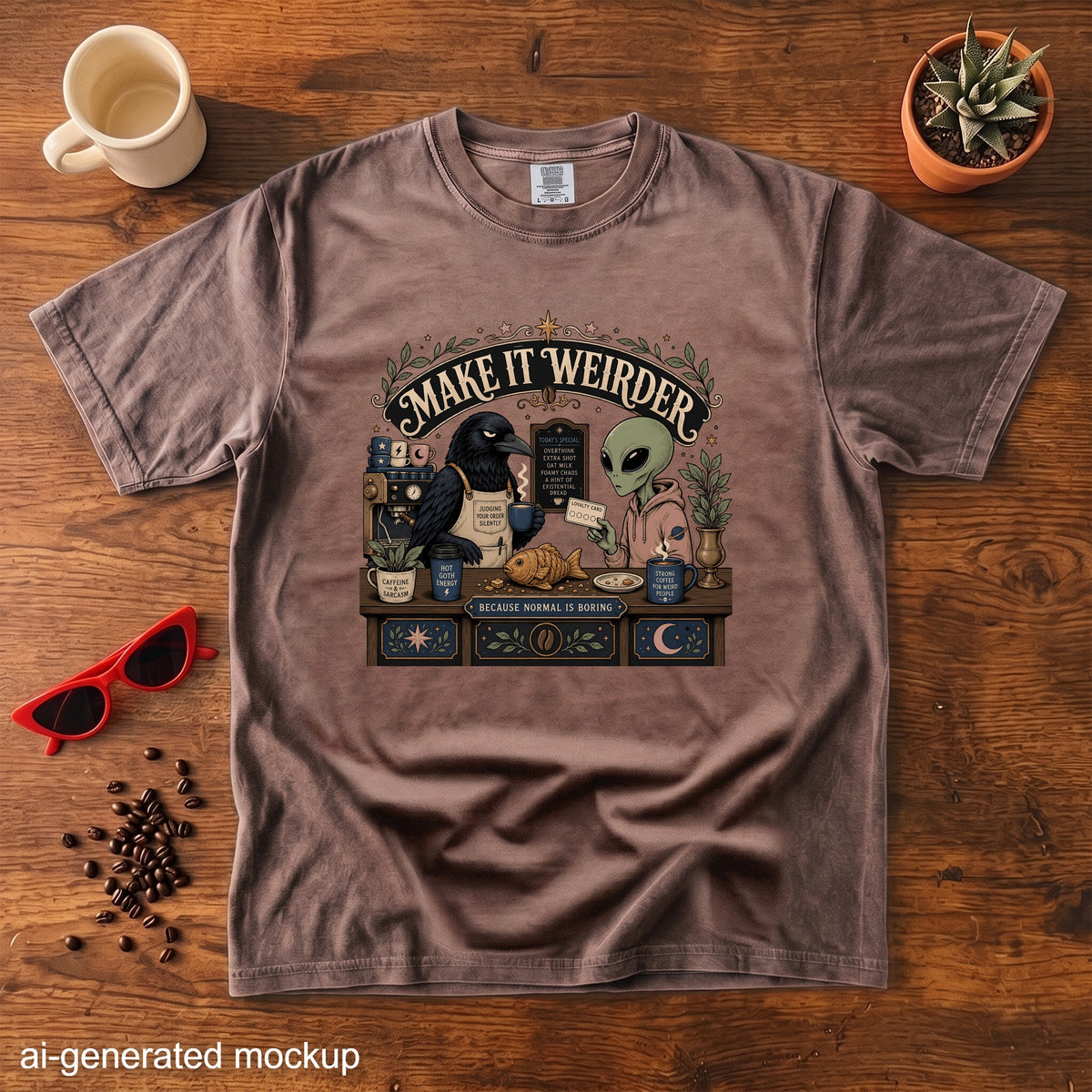 Brown t-shirt featuring a raven and alien at a coffee bar with "MAKE IT WEIRDER" text.