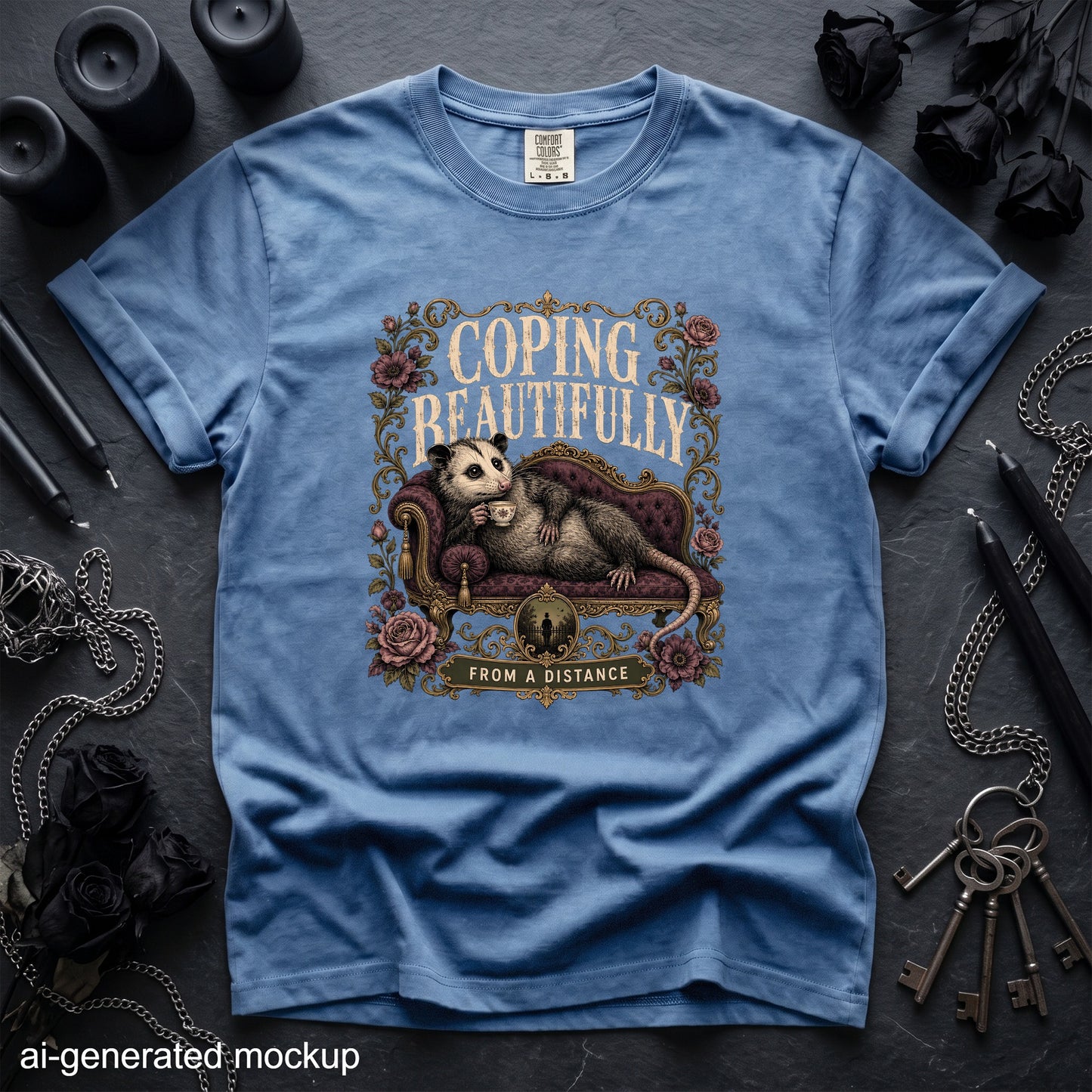 Blue t-shirt with "Coping Beautifully From A Distance" text and an opossum on a couch graphic.
