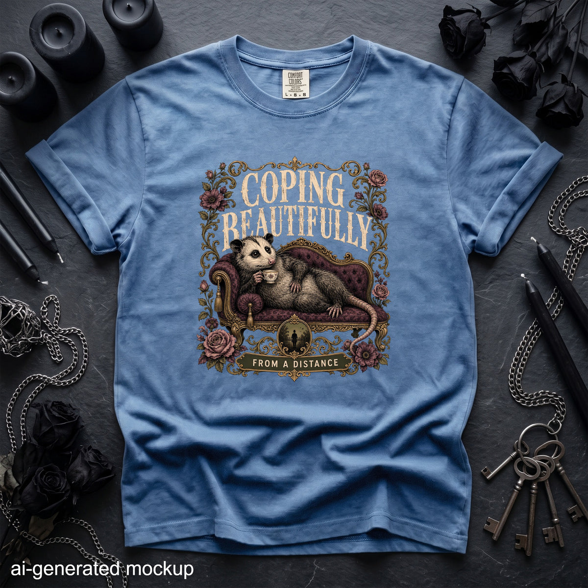 Blue t-shirt with "Coping Beautifully From A Distance" text and an opossum on a couch graphic.
