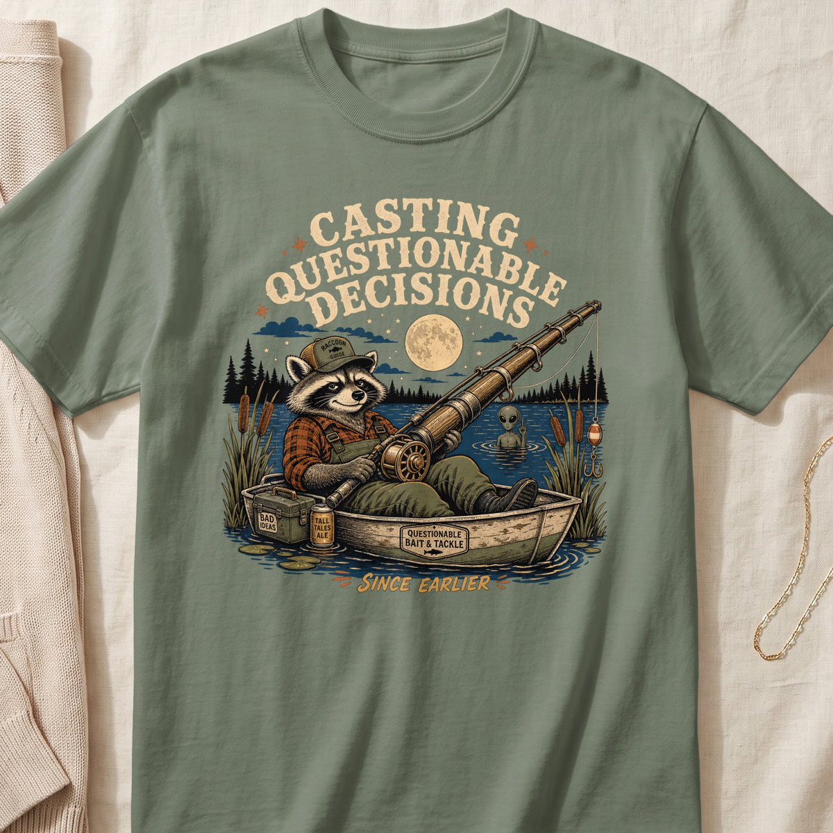 Raccoon fishing in a boat with text "Casting Questionable Decisions Since Earlier".