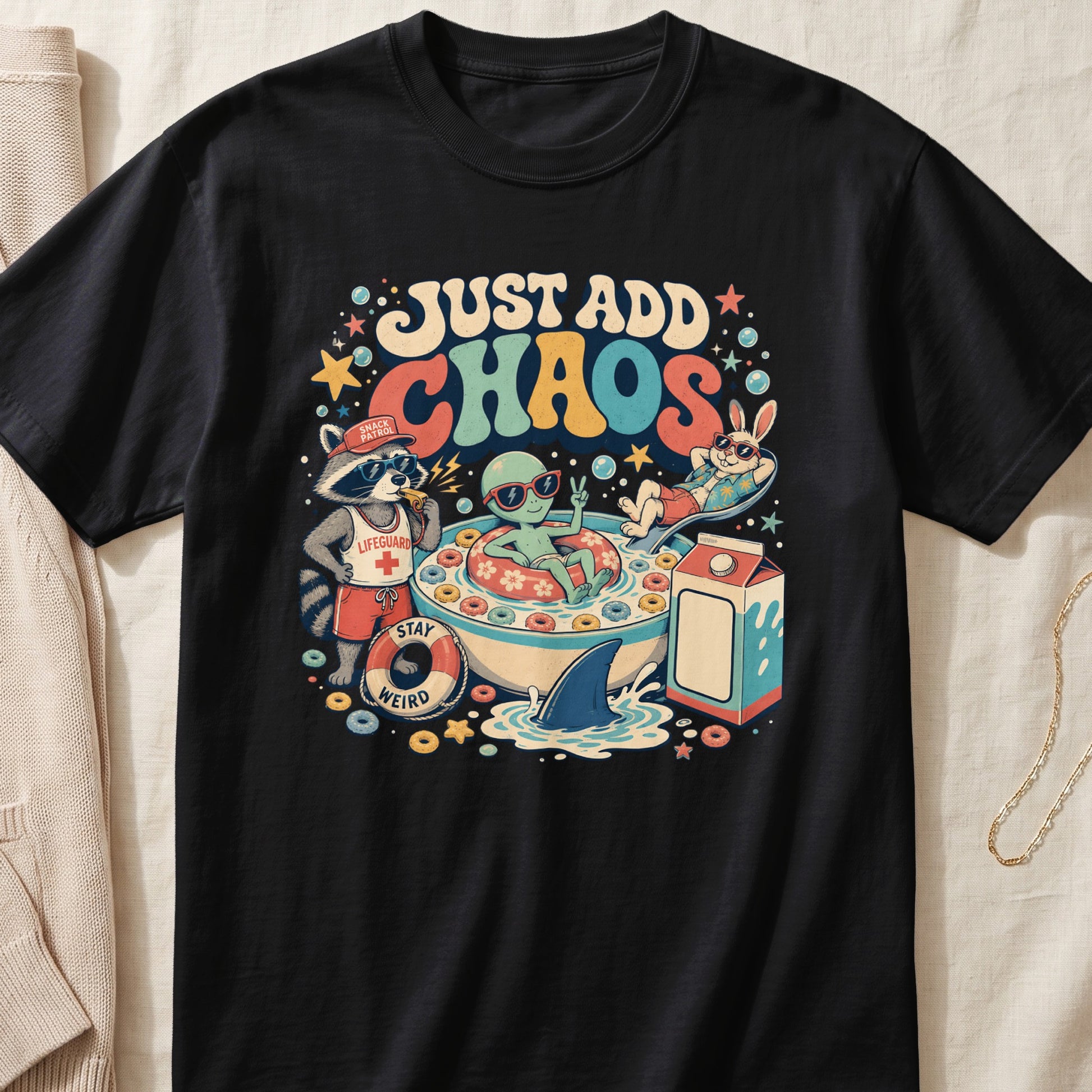 Black t-shirt featuring a cartoon graphic of an alien, raccoon, and rabbit in a cereal bowl with the text Just Add Chaos.
