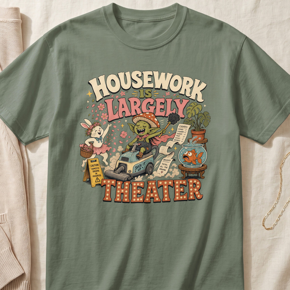 T-shirt graphic with text "HOUSEWORK IS LARGELY THEATER" featuring cartoon characters.