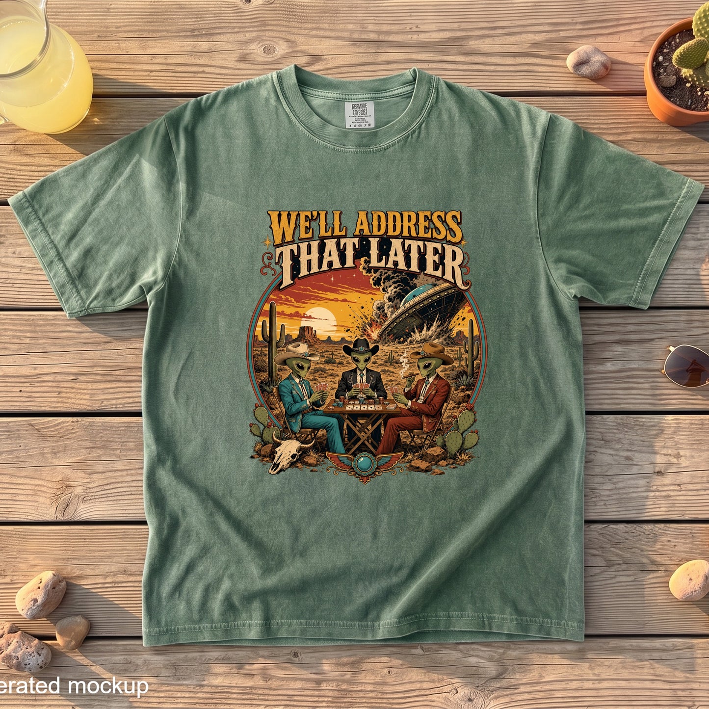 Green t-shirt with aliens playing poker in the desert, text reads "We'll address that later."