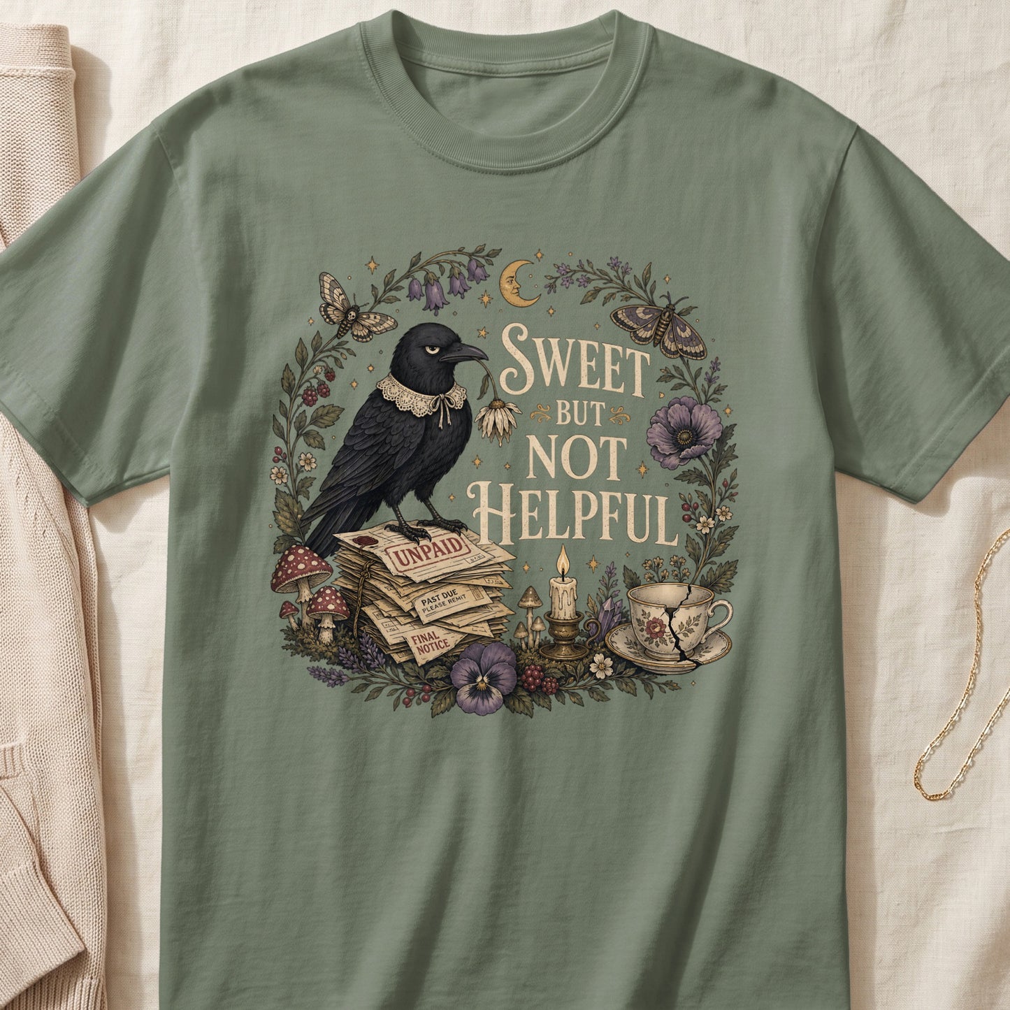 Crow on stack of unpaid bills, surrounded by floral elements, text "Sweet But Not Helpful".