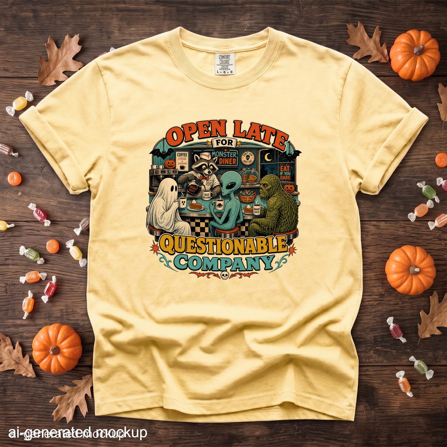 Yellow t-shirt with "Open Late for Monster Diner" graphic featuring a ghost, alien, raccoon, and creature.