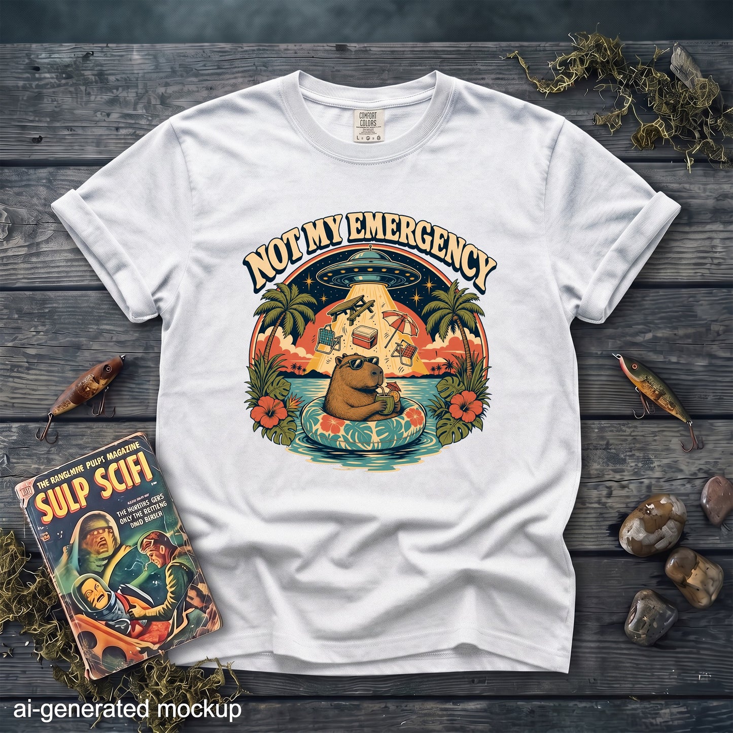 White t-shirt with "Not My Emergency" graphic featuring a capybara in a float and an alien abduction.