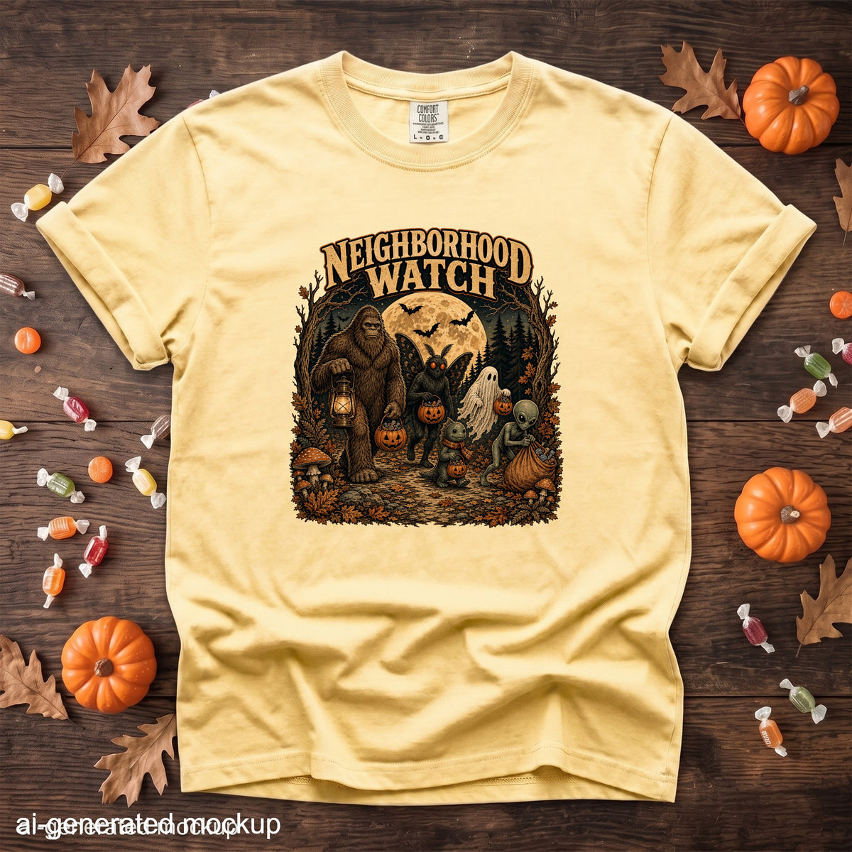 T-shirt with "Neighborhood Watch" text and spooky Halloween characters including Bigfoot and a ghost.