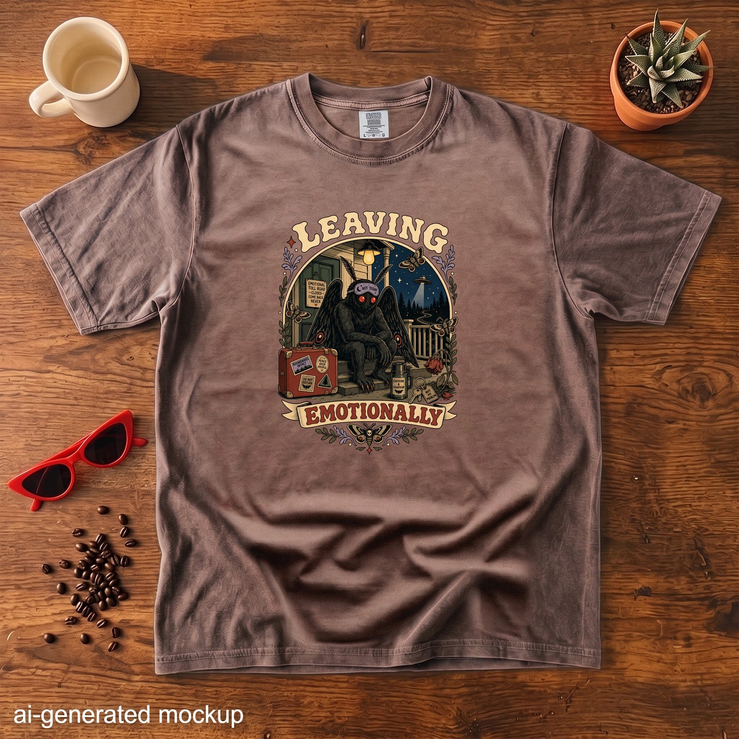 Mothman sitting with suitcase and mug, text reads "Leaving Emotionally."