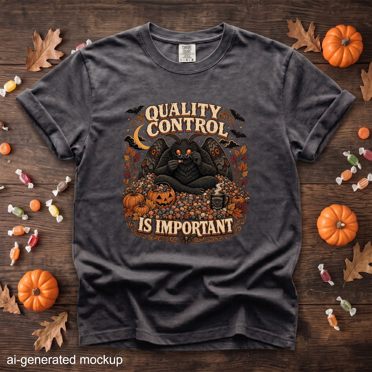 Dark t-shirt graphic with mothman surrounded by pumpkins, candy, and autumn leaves.