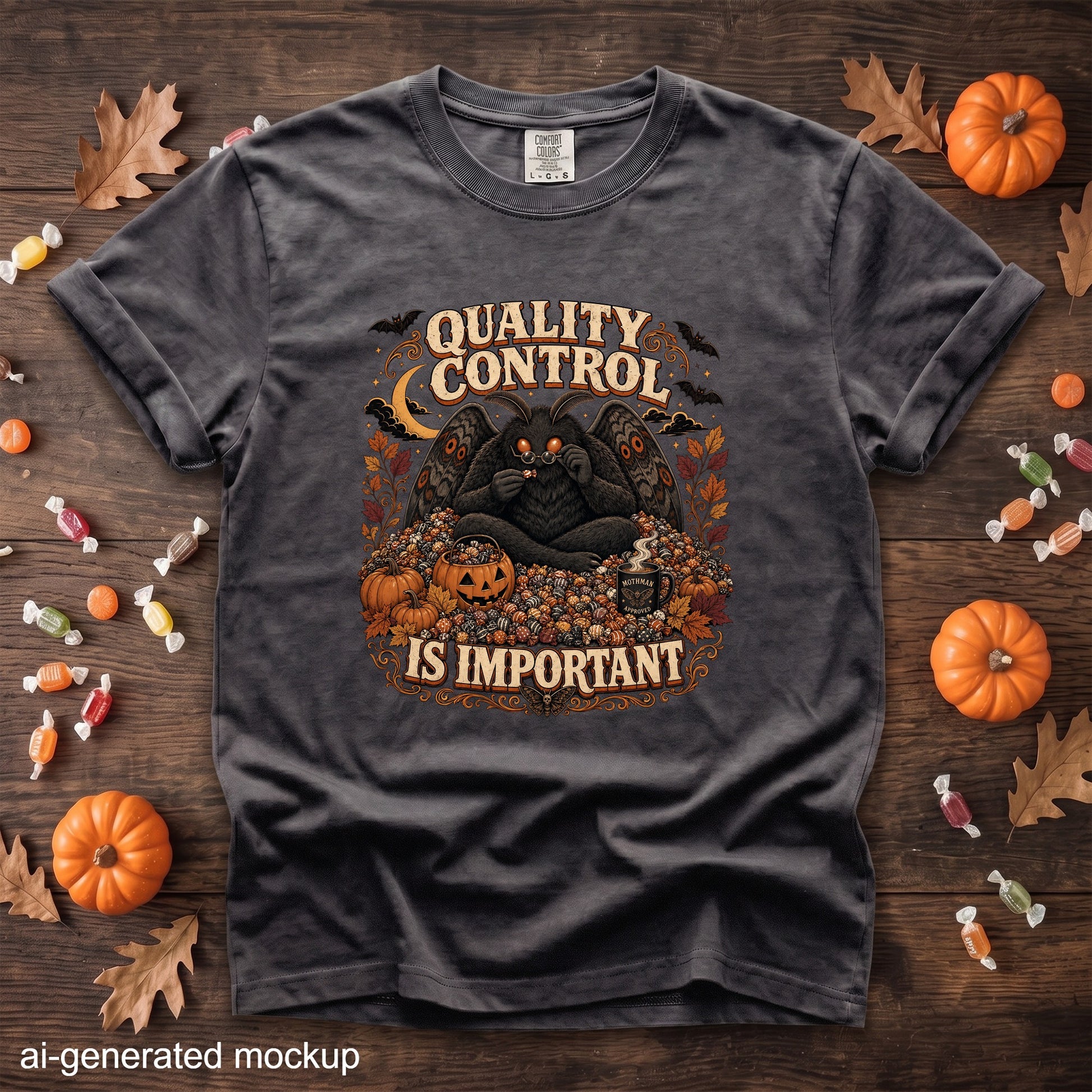 Dark t-shirt graphic with mothman surrounded by pumpkins, candy, and autumn leaves.