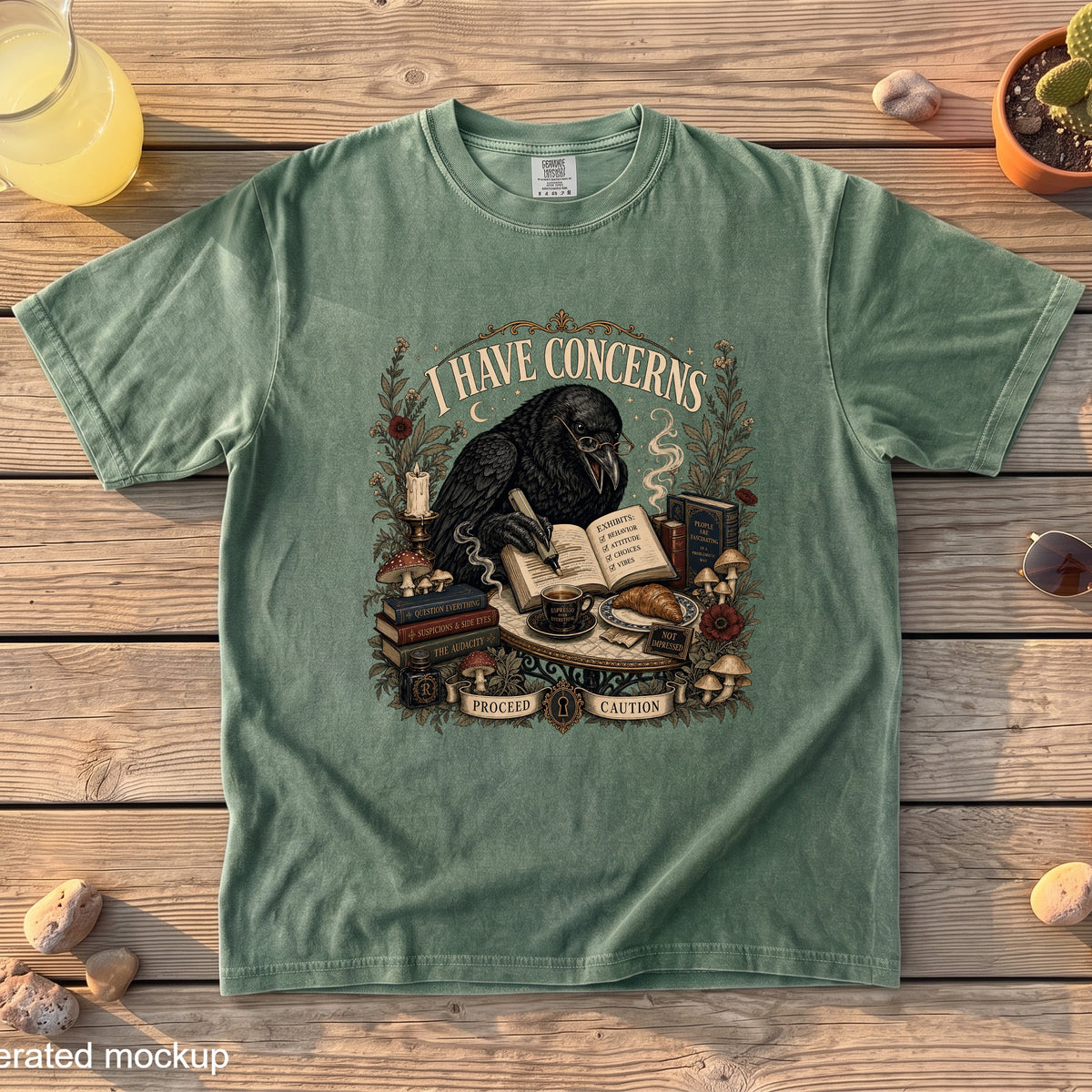 Green t-shirt with raven wearing glasses reading a book titled "I Have Concerns".