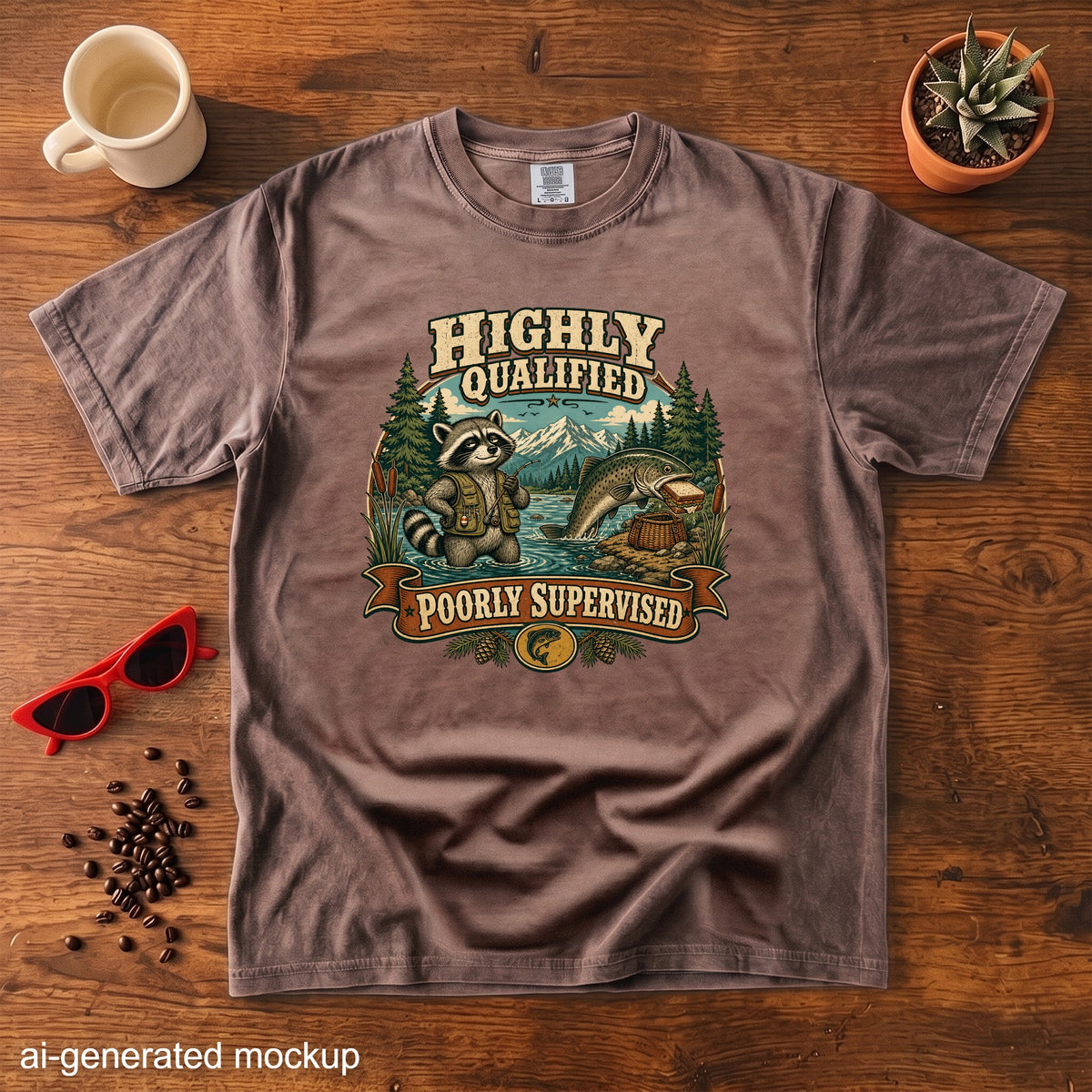 T-shirt graphic: Raccoon fishing, "Highly Qualified Poorly Supervised" text.