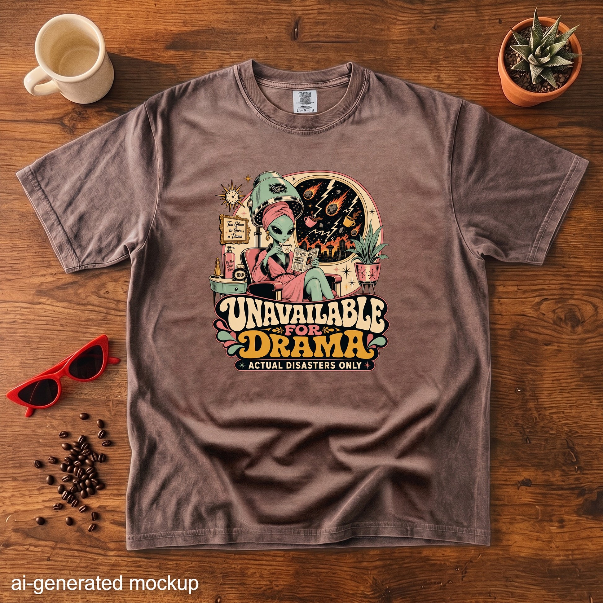 Brown t-shirt with "Unavailable for Drama" text and alien graphic.