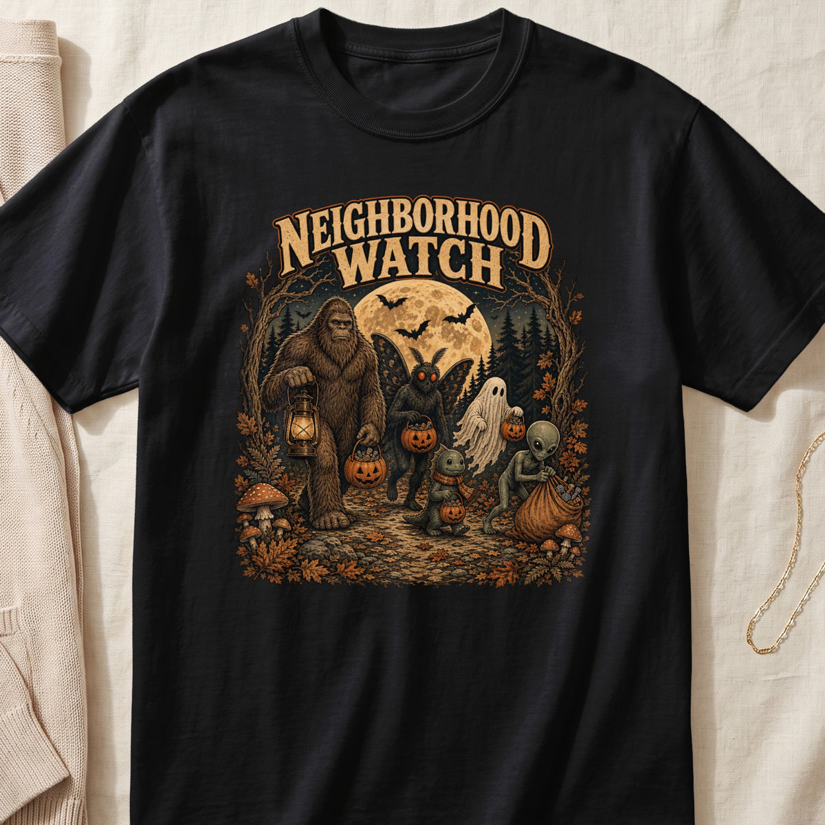 Neighborhood Watch design featuring Bigfoot, mothman, alien, ghost, and dinosaur collecting candy.