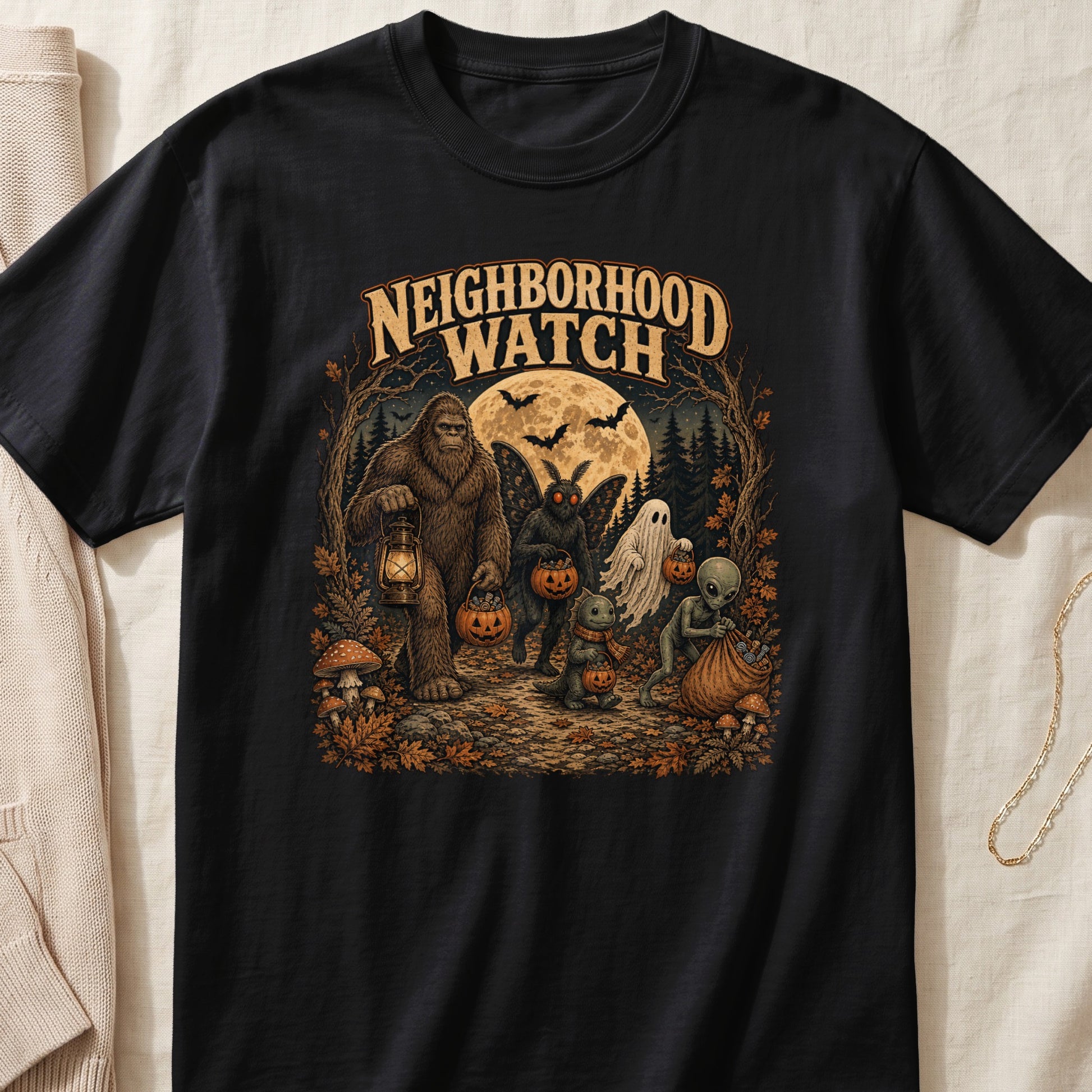 Neighborhood Watch design featuring Bigfoot, mothman, alien, ghost, and dinosaur collecting candy.