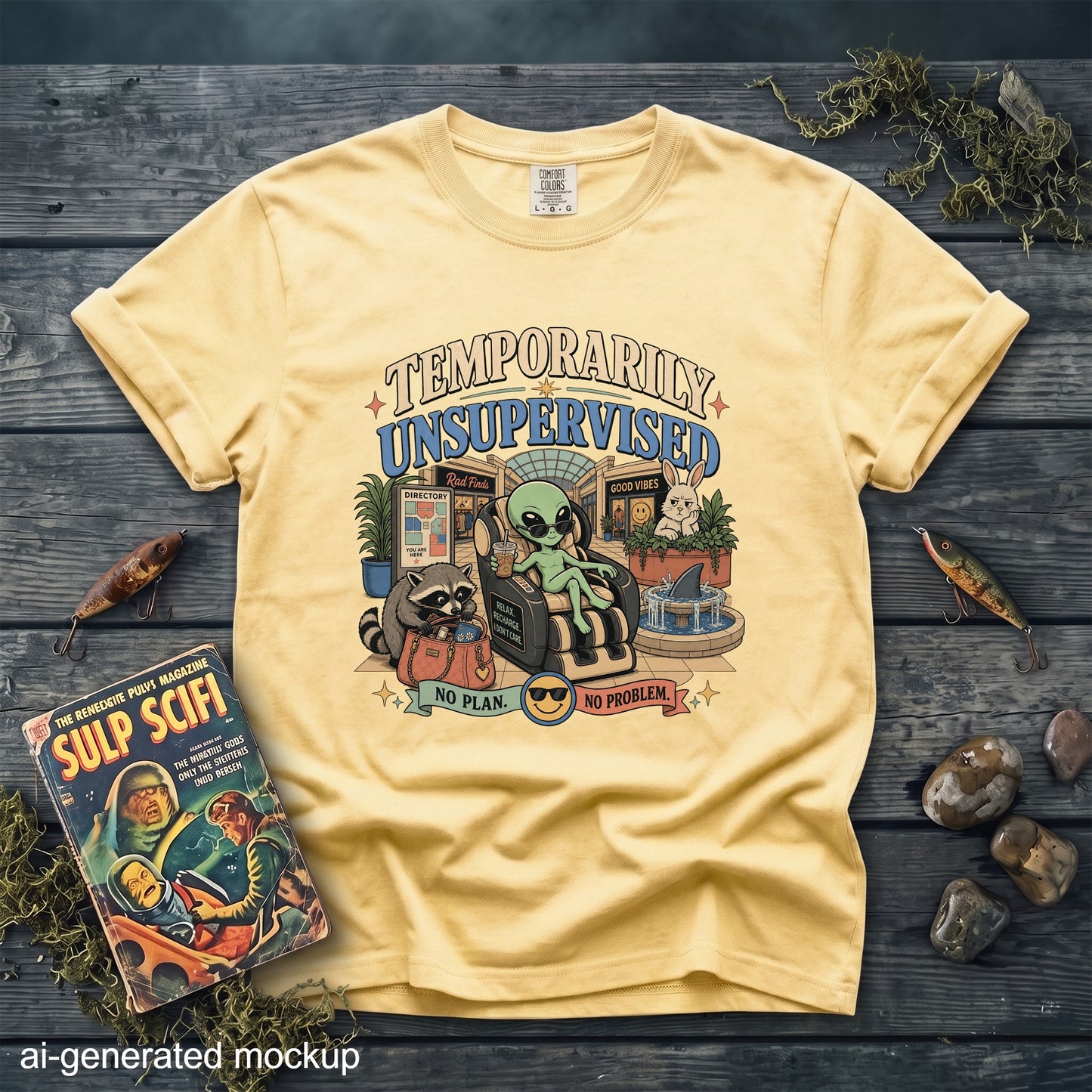 A yellow t-shirt with a vintage-style graphic featuring an alien in sunglasses, a raccoon, and the text "Temporarily Unsupervised."