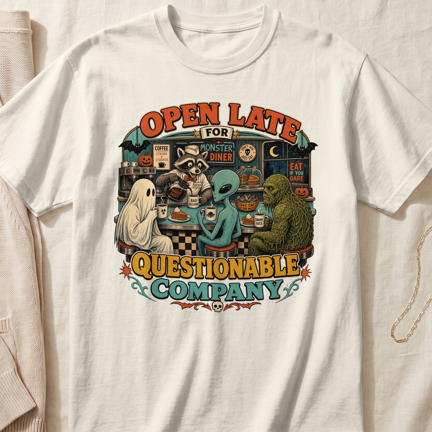Open Late for Monster Diner with ghost, alien, raccoon, and swamp creature.