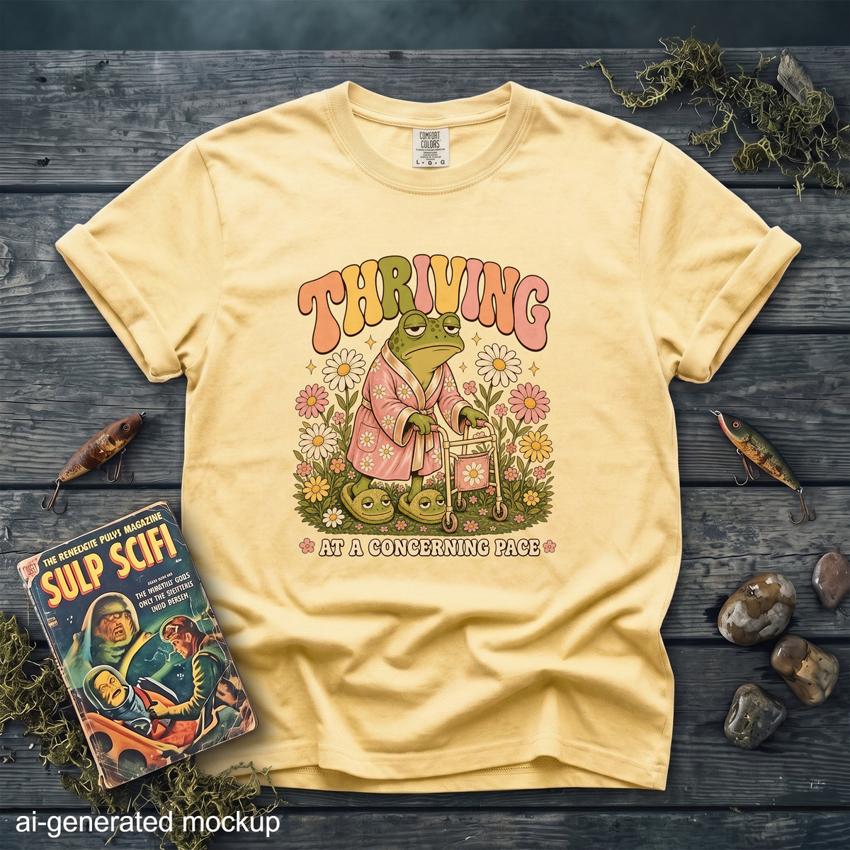 Yellow t-shirt with groovy frog graphic: "THRIVING AT A CONCERNING PACE".