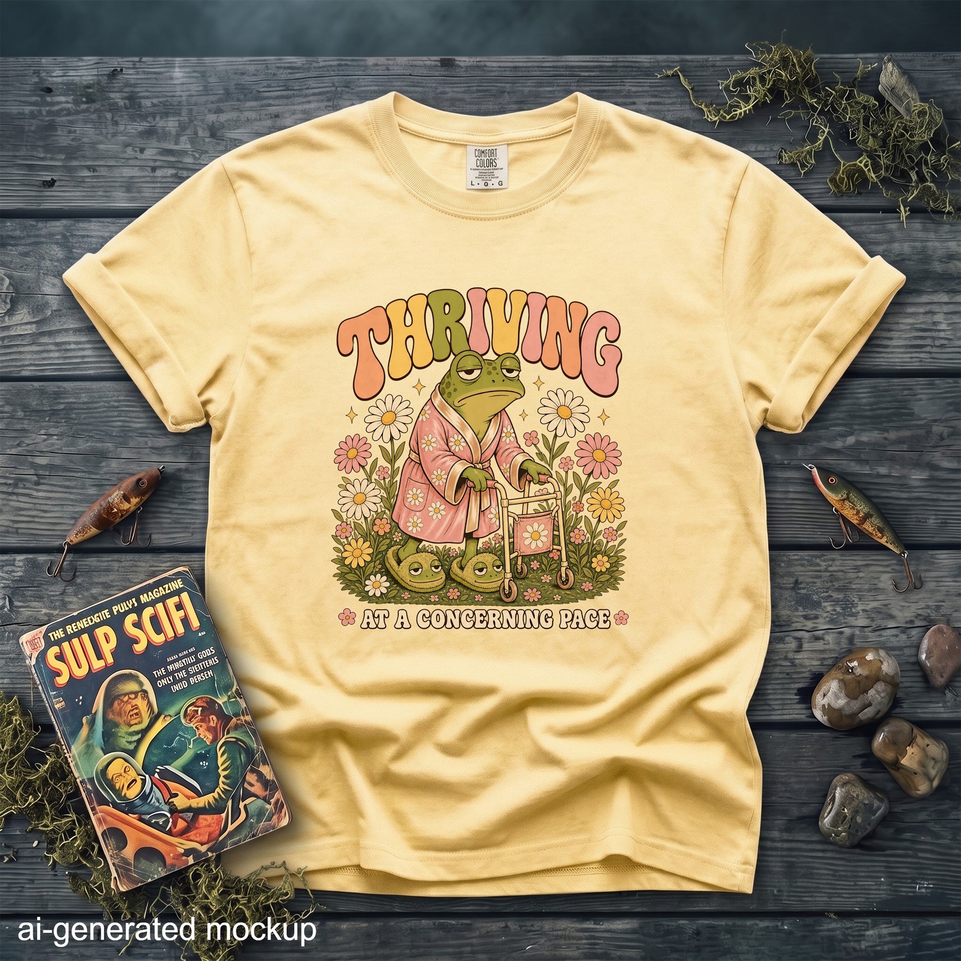 Yellow t-shirt with groovy frog graphic: "THRIVING AT A CONCERNING PACE".