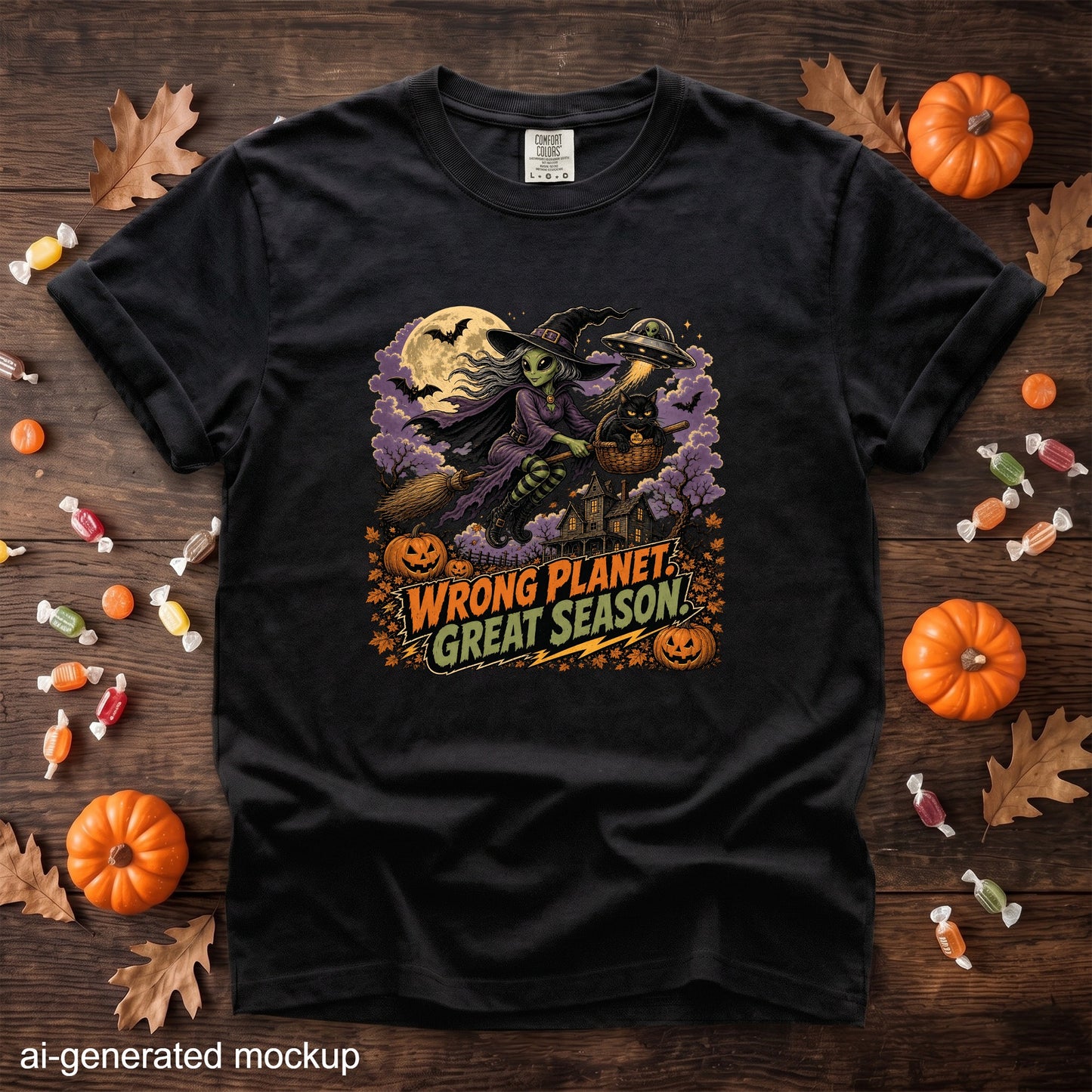 Black t-shirt with Halloween graphic featuring alien witch, cat, UFO, and text "WRONG PLANET GREAT SEASON".