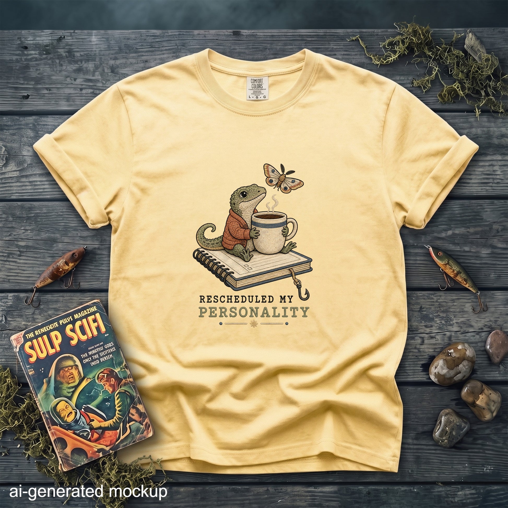 A butter-yellow t-shirt featuring a lizard in a cardigan drinking coffee on a notebook with the text rescheduled my personality.