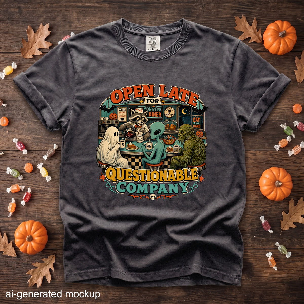T-shirt with graphic: Ghost, alien, swamp creature, and raccoon at a diner.